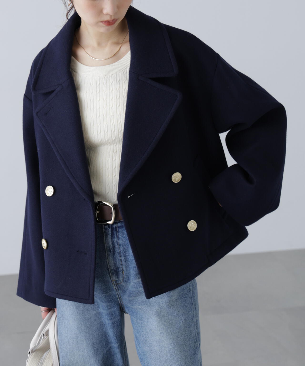 EMMETI 異素材ミックスピーコート EMMETI（エンメティ）ラムレザー切替/日本人にぴったり