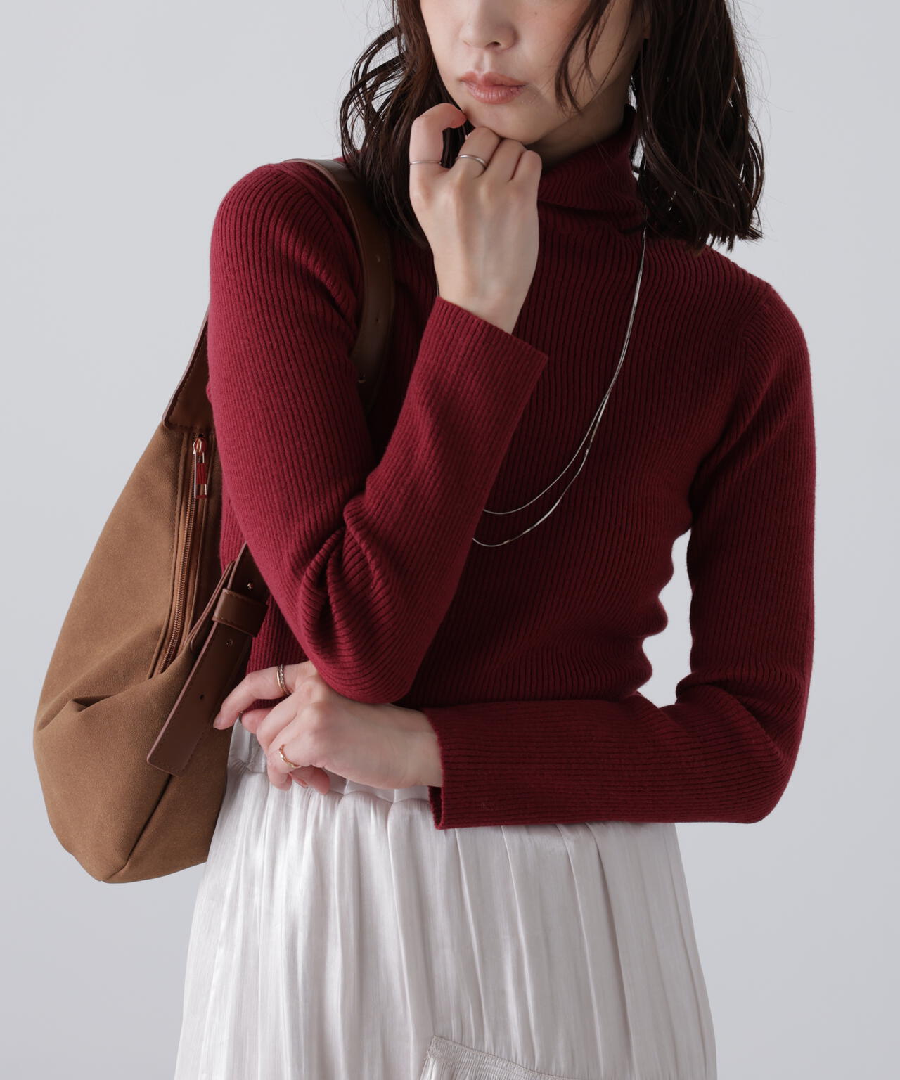 【ボルドー 追加生産予約】タートルネックリブニット