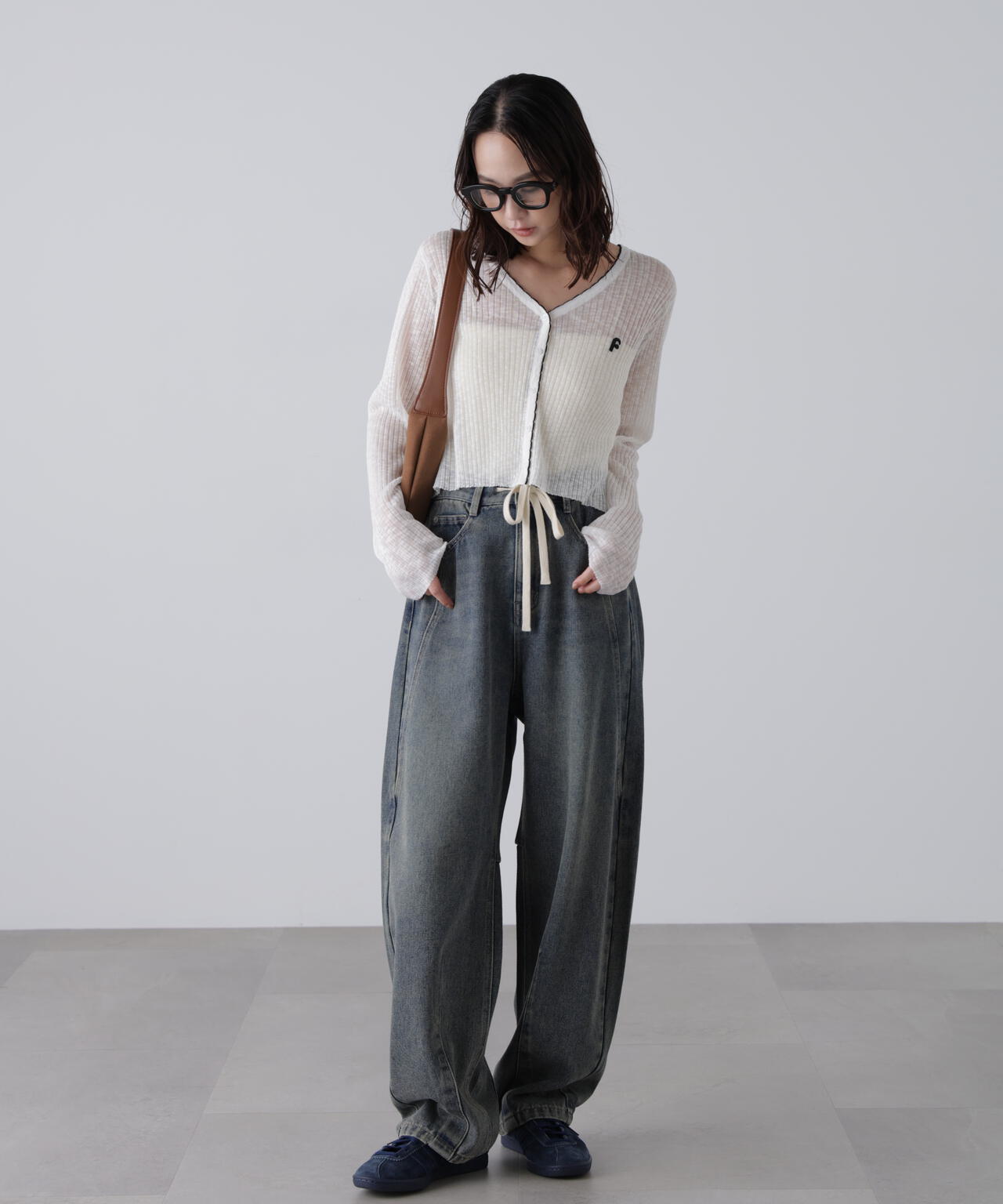 配色ラインスカラップシアーリブカーディガン