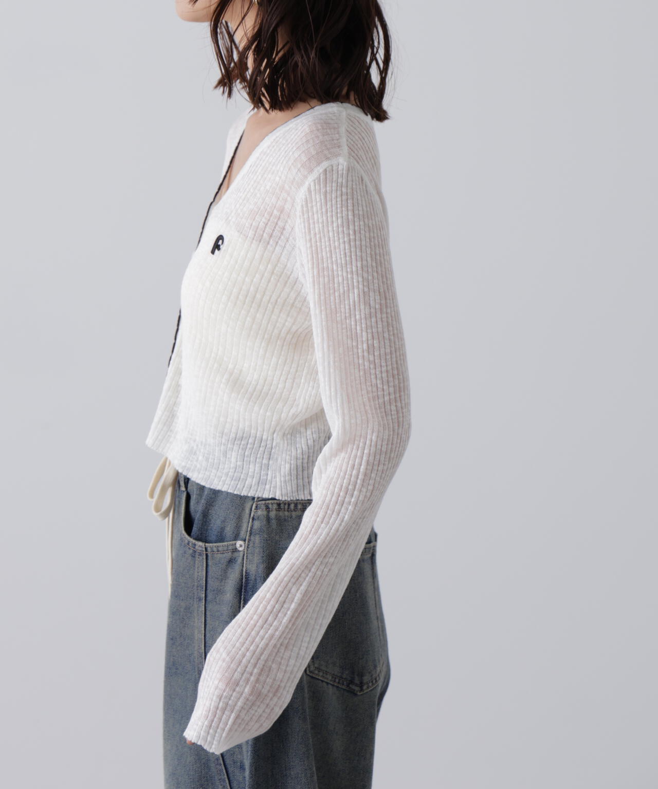 配色ラインスカラップシアーリブカーディガン