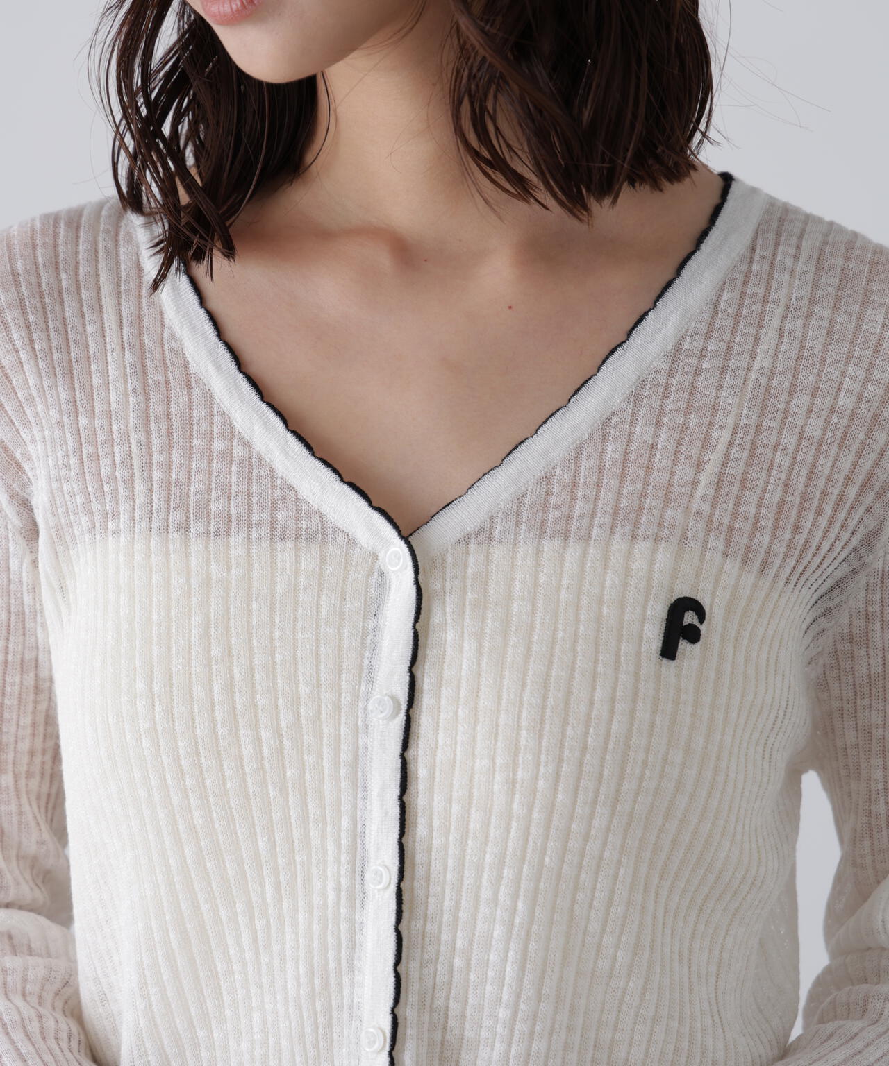 配色ラインスカラップシアーリブカーディガン