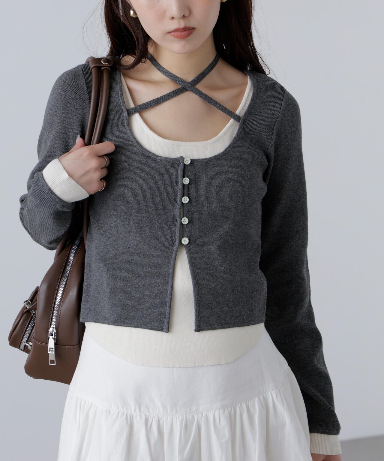 キャミレイヤードクルーネックニット