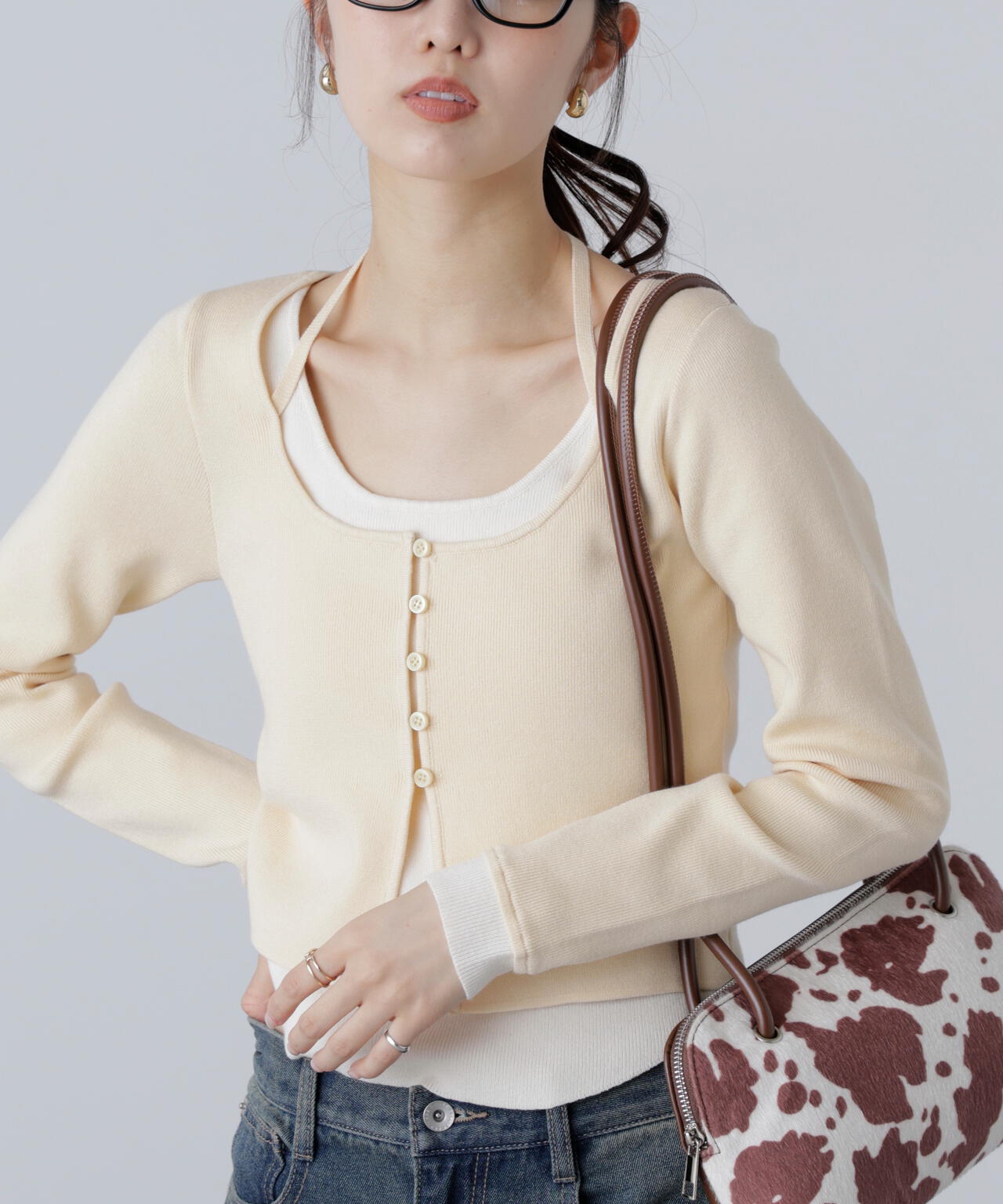 キャミレイヤードクルーネックニット