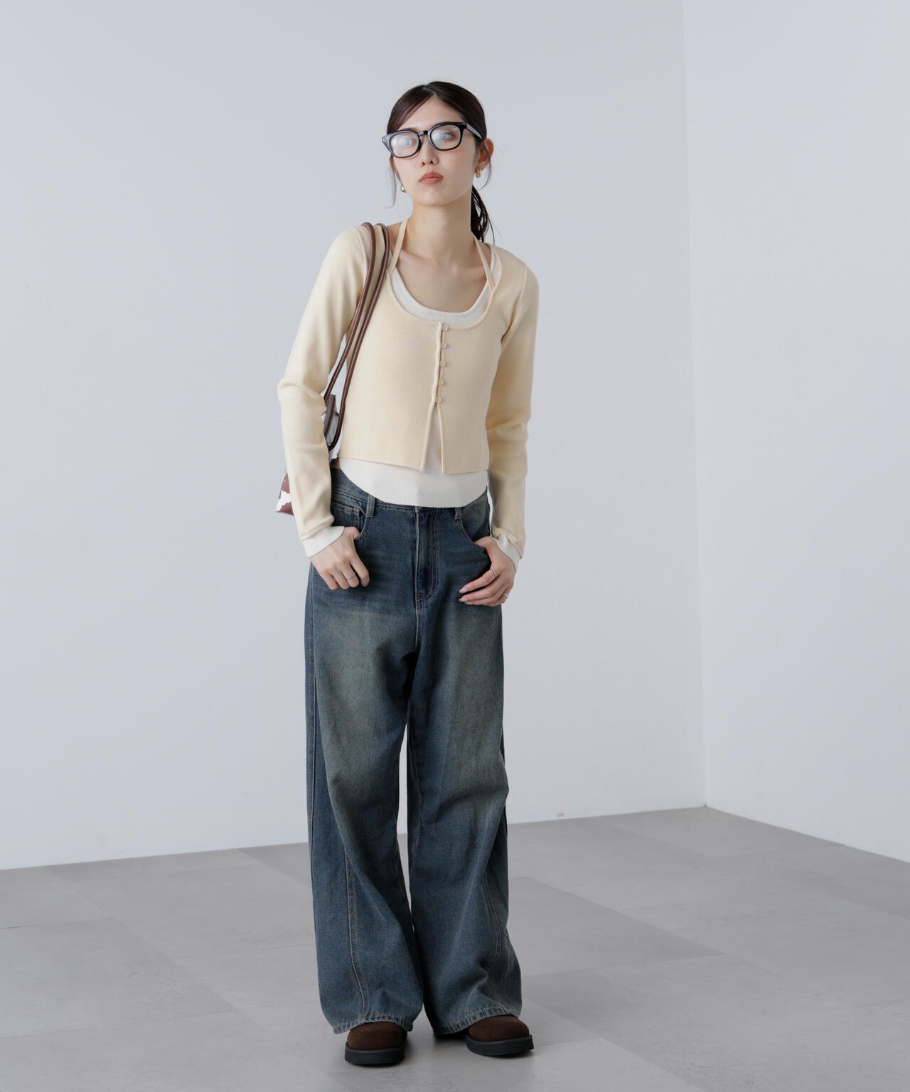 キャミレイヤードクルーネックニット