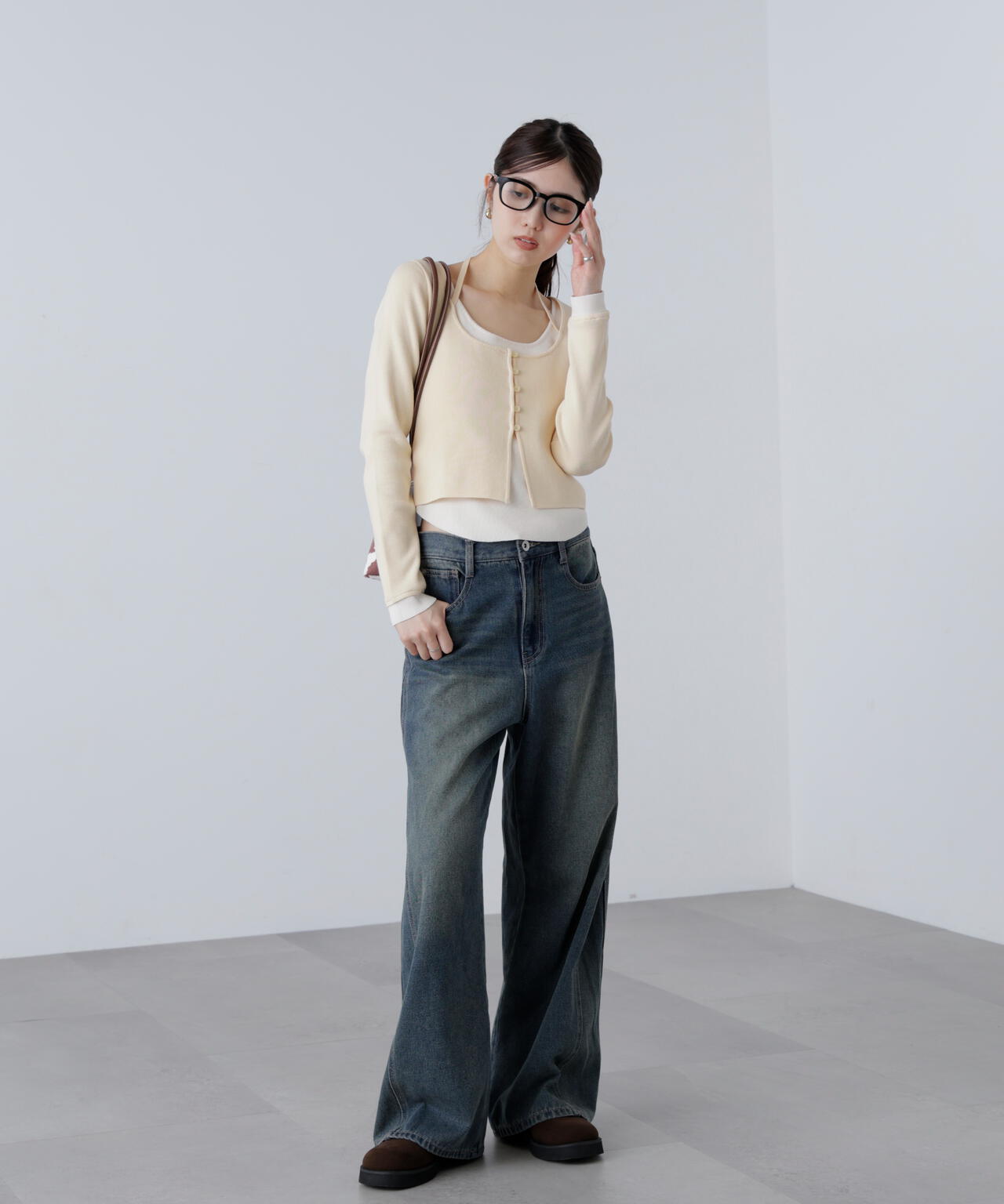 キャミレイヤードクルーネックニット