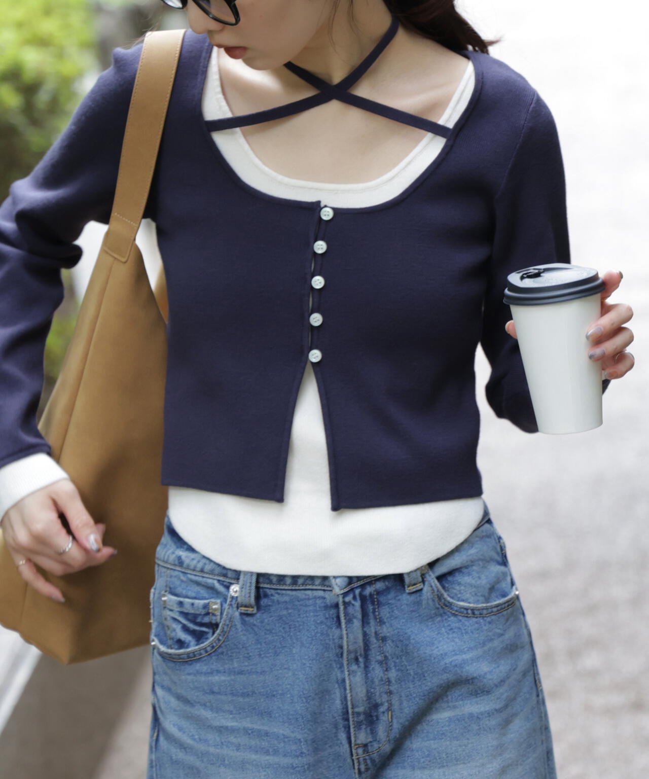 キャミレイヤードクルーネックニット