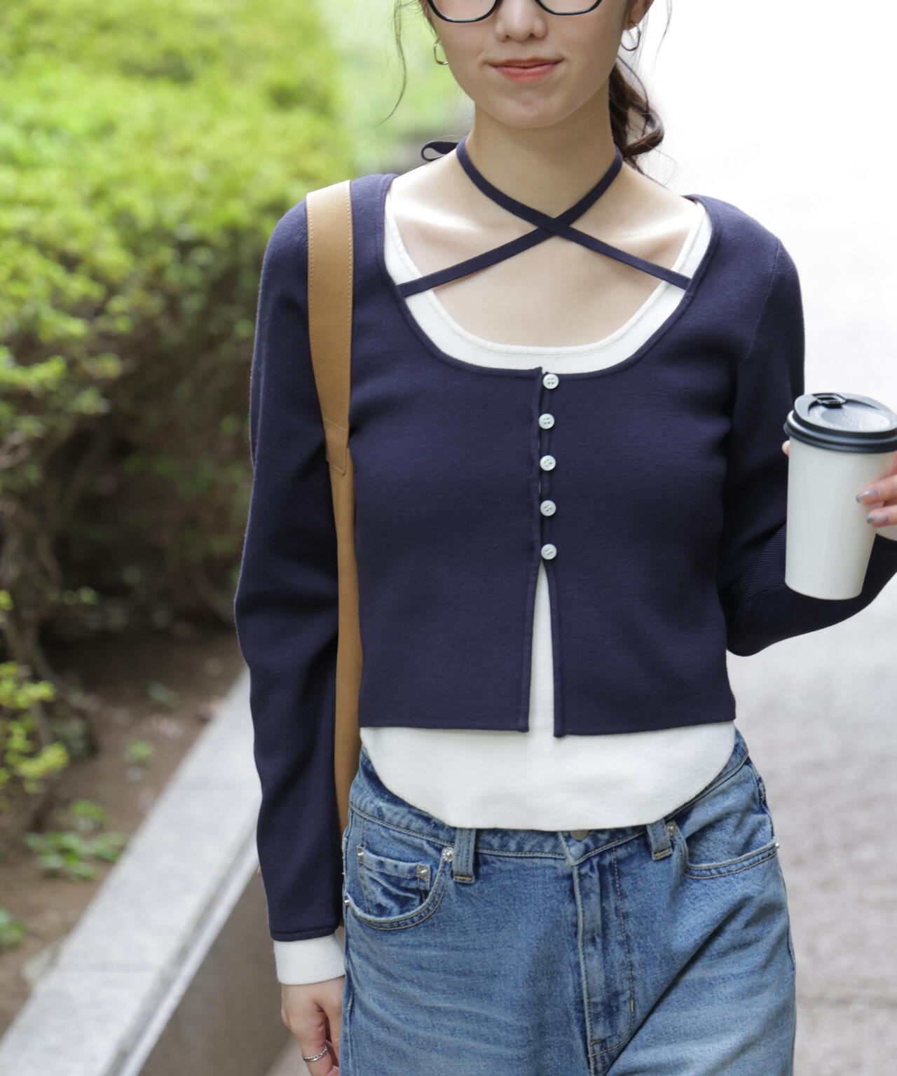 キャミレイヤードクルーネックニット