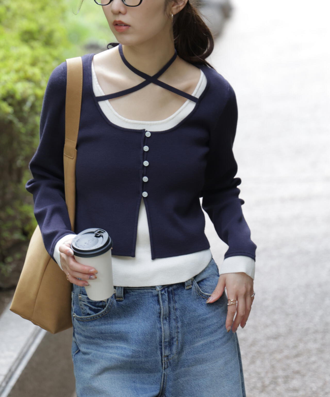 キャミレイヤードクルーネックニット