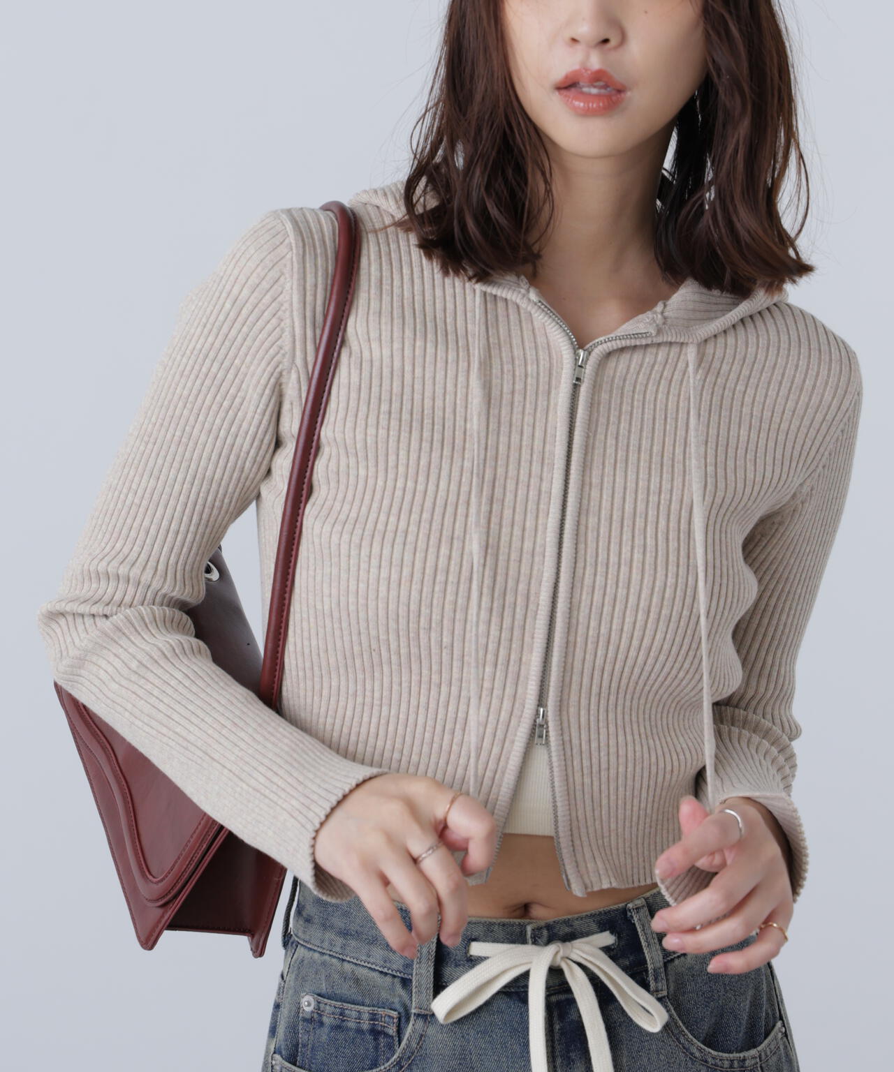 配色リブショート丈ニットパーカー