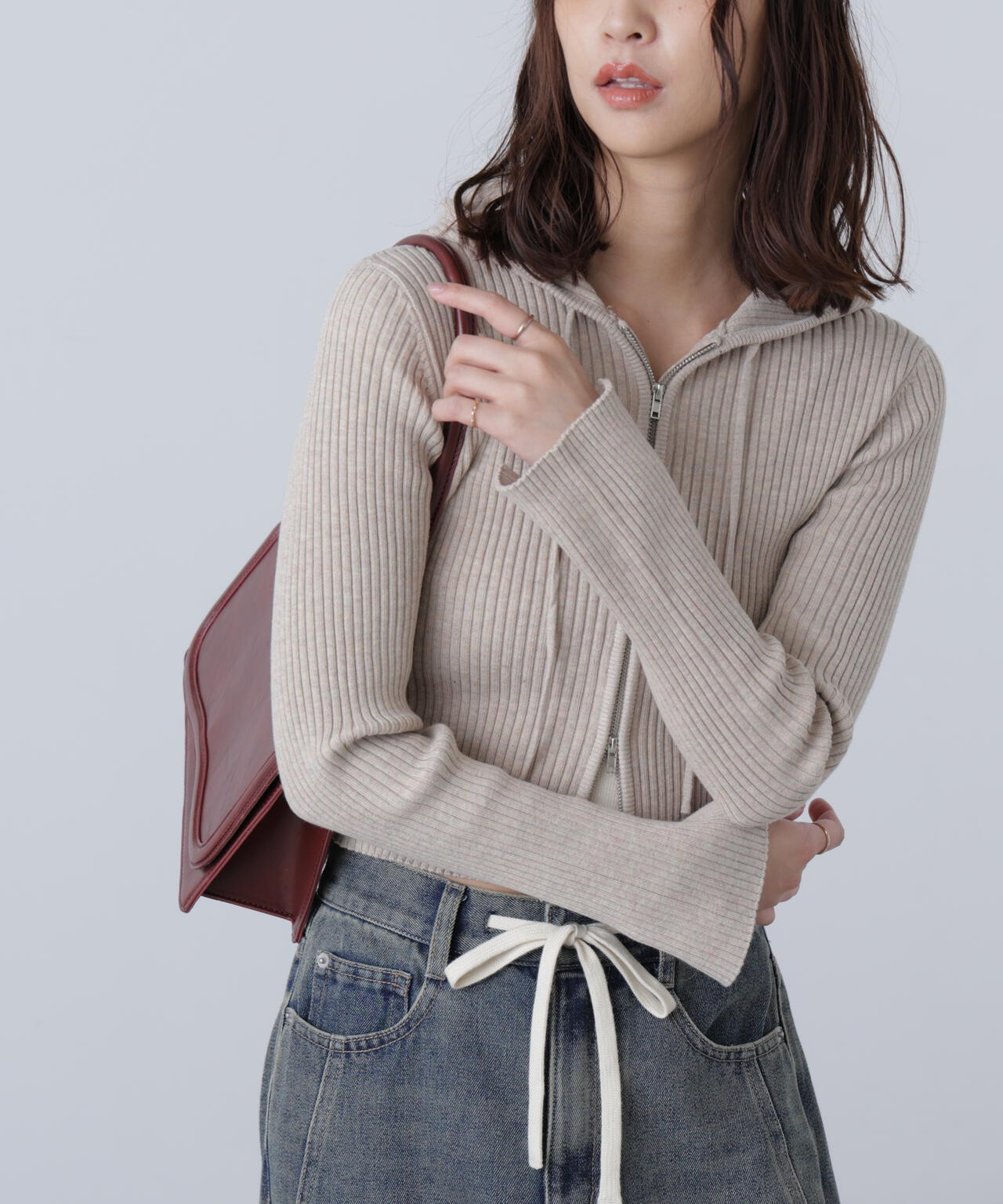 配色リブショート丈ニットパーカー