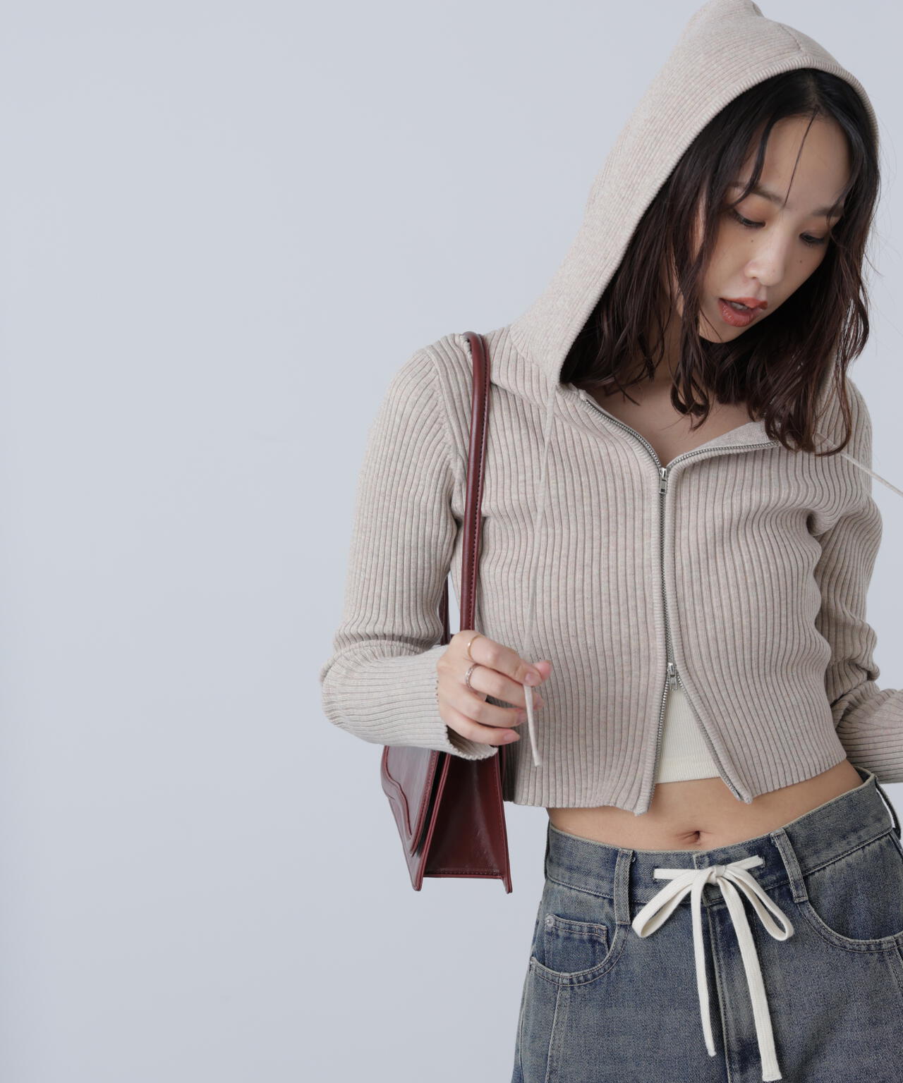 配色リブショート丈ニットパーカー