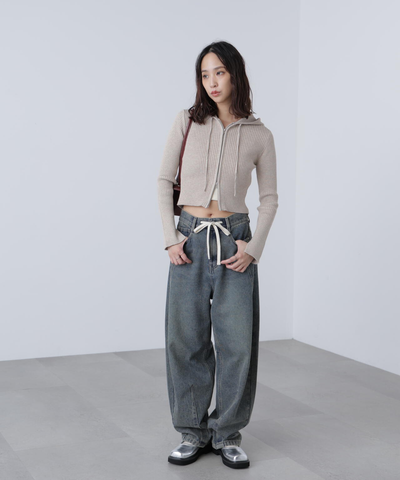 配色リブショート丈ニットパーカー