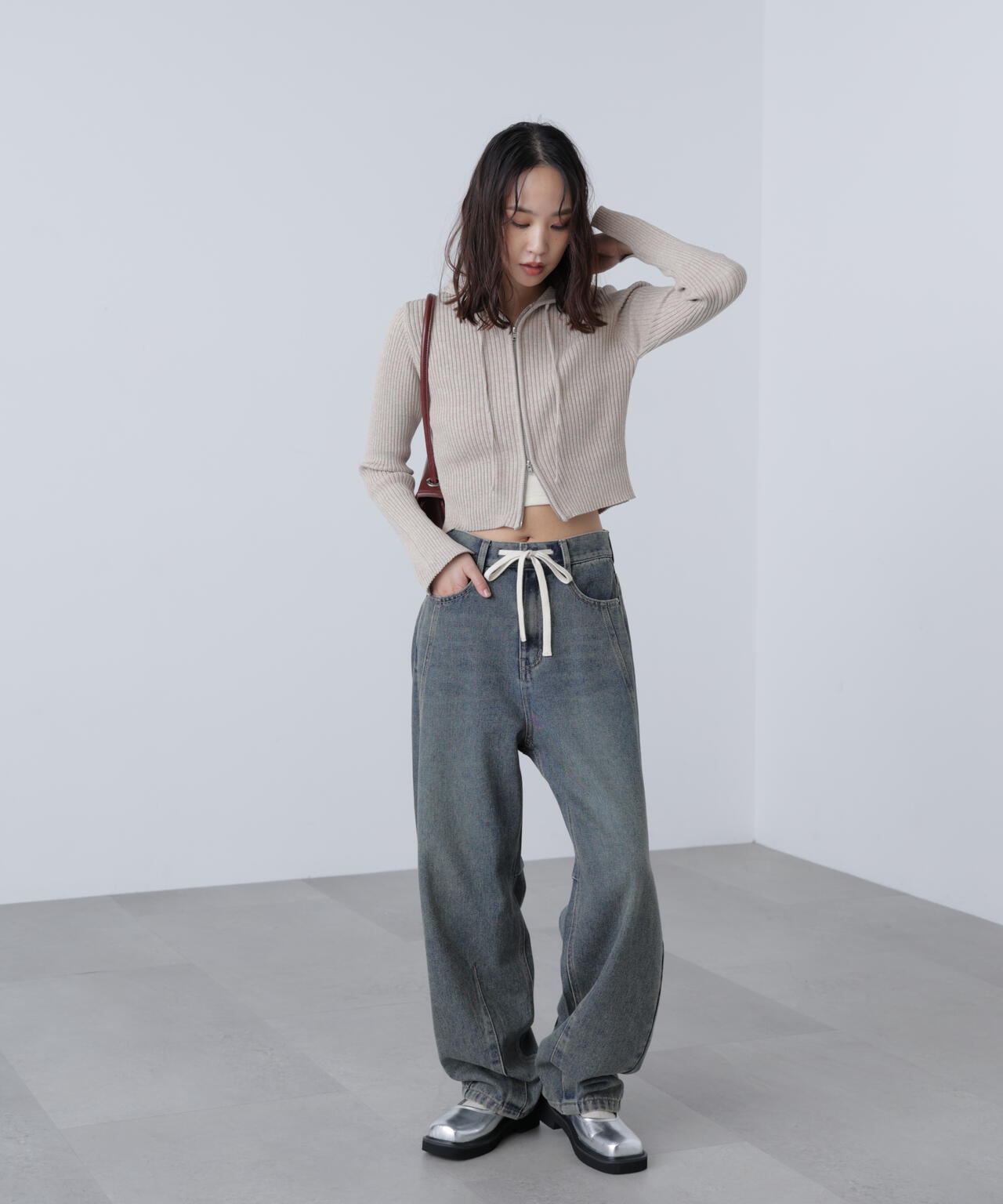 配色リブショート丈ニットパーカー