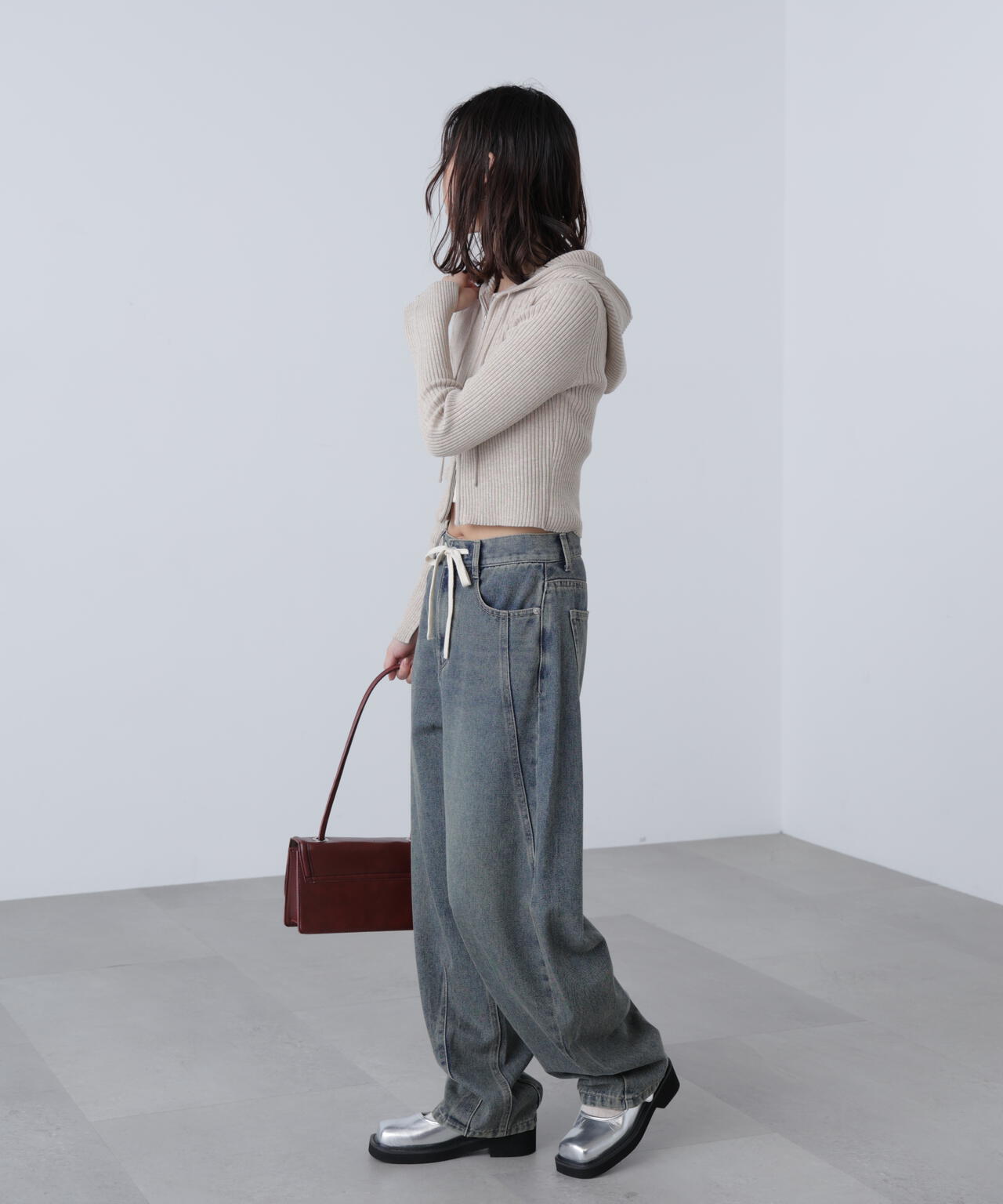 配色リブショート丈ニットパーカー