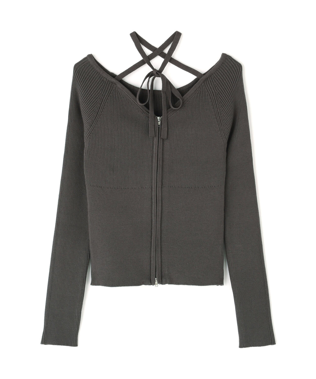 ジップアップオフショルダーリブニット
