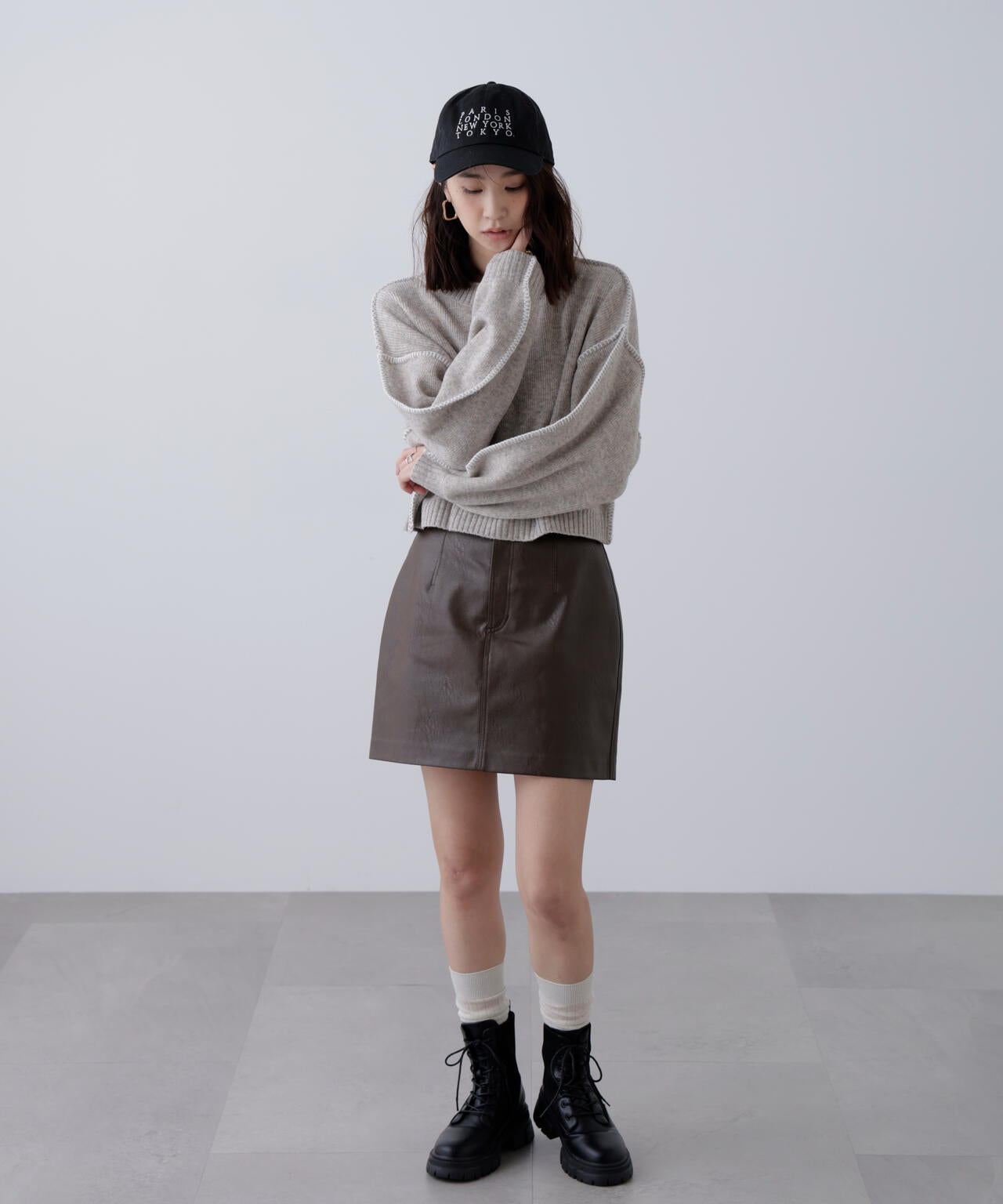 杢ストレッチ総針配色ステッチニット