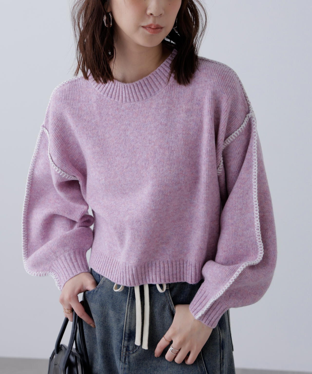 杢ストレッチ総針配色ステッチニット