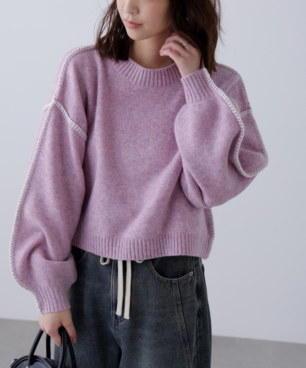 杢ストレッチ総針配色ステッチニット