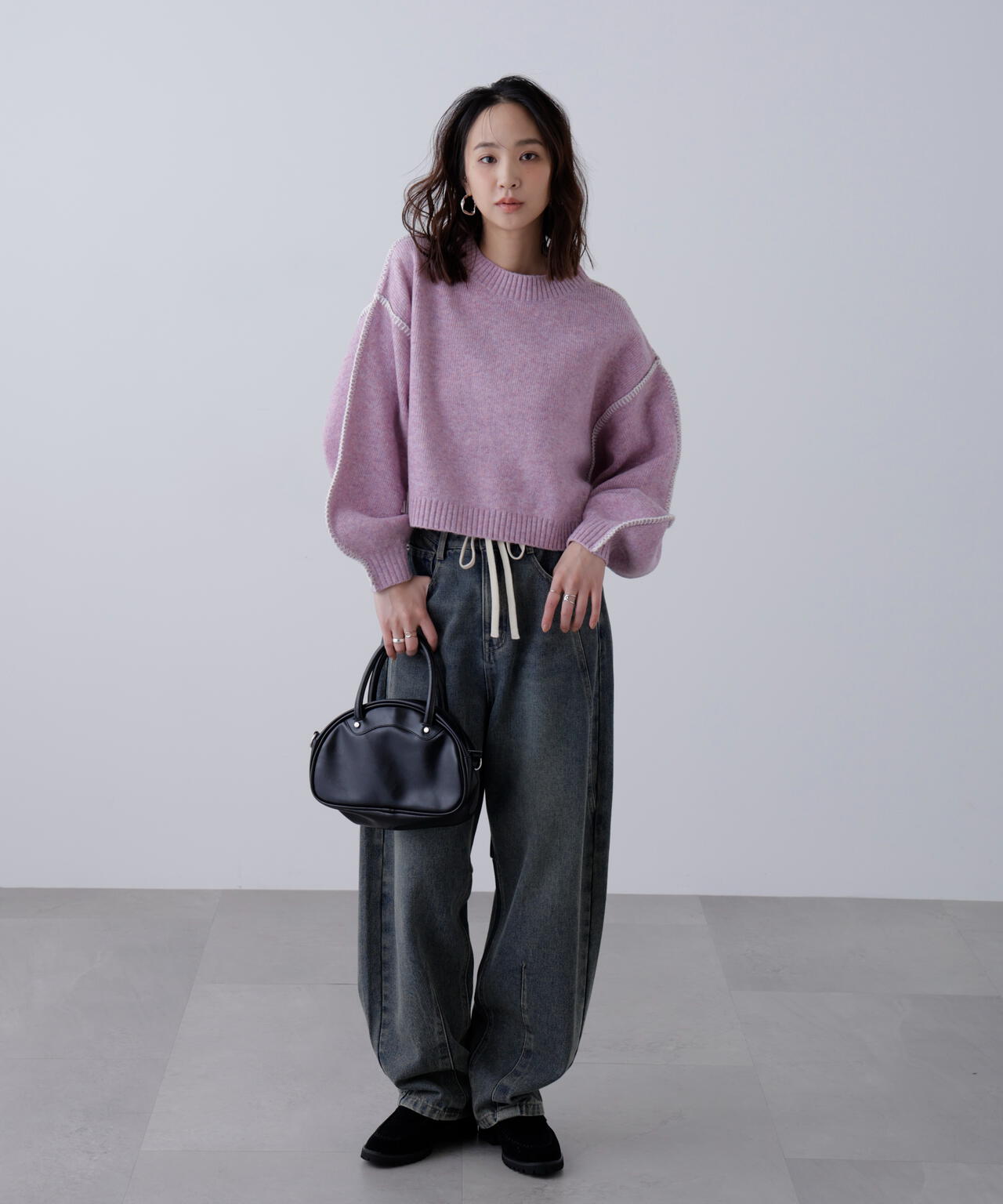 杢ストレッチ総針配色ステッチニット