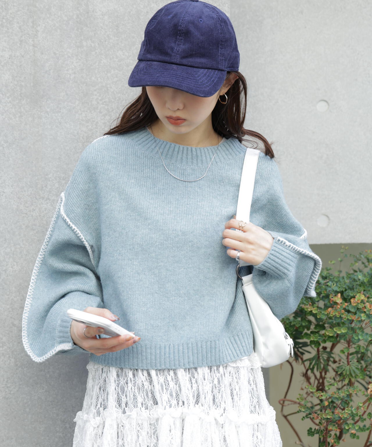 杢ストレッチ総針配色ステッチニット