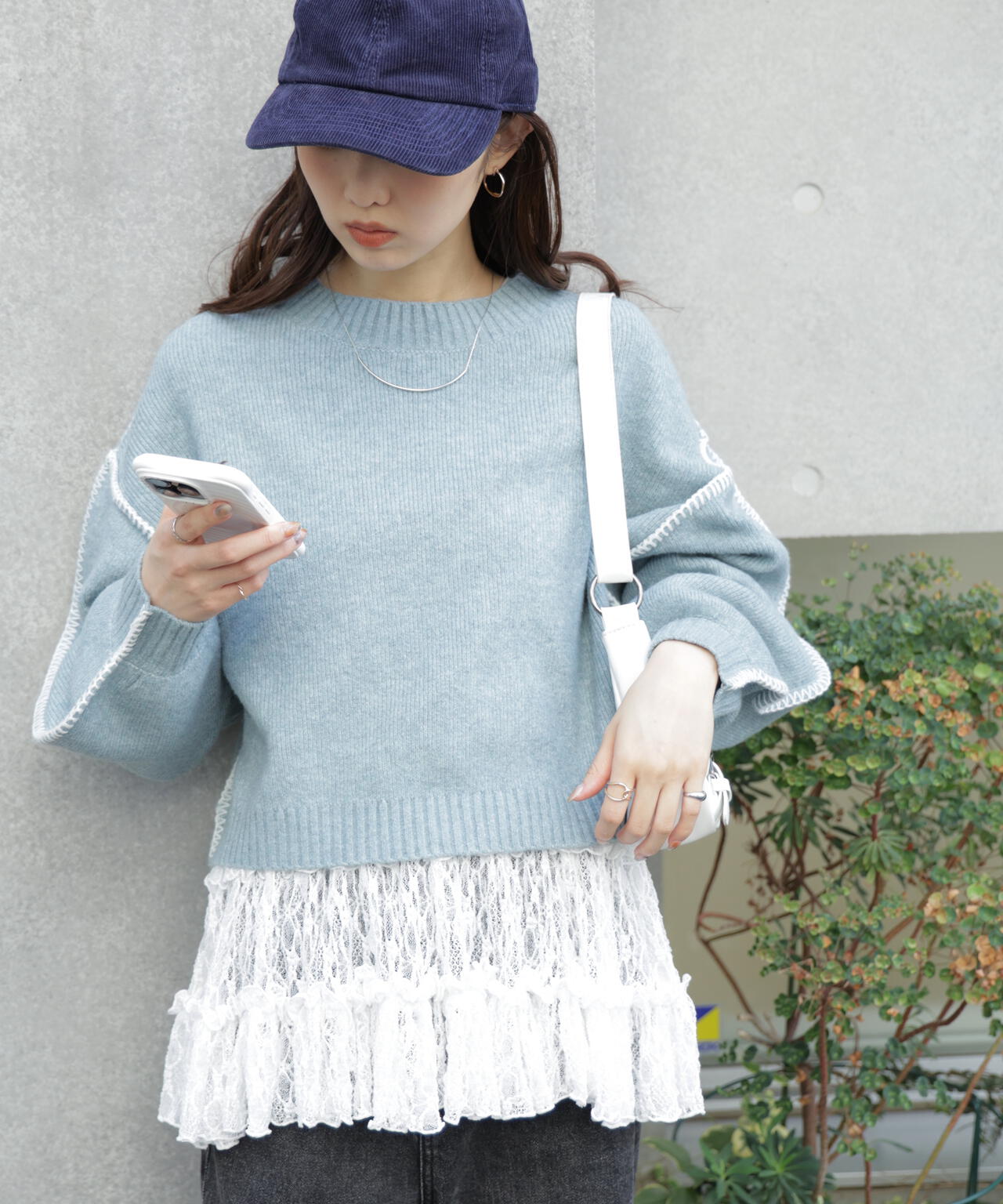 杢ストレッチ総針配色ステッチニット