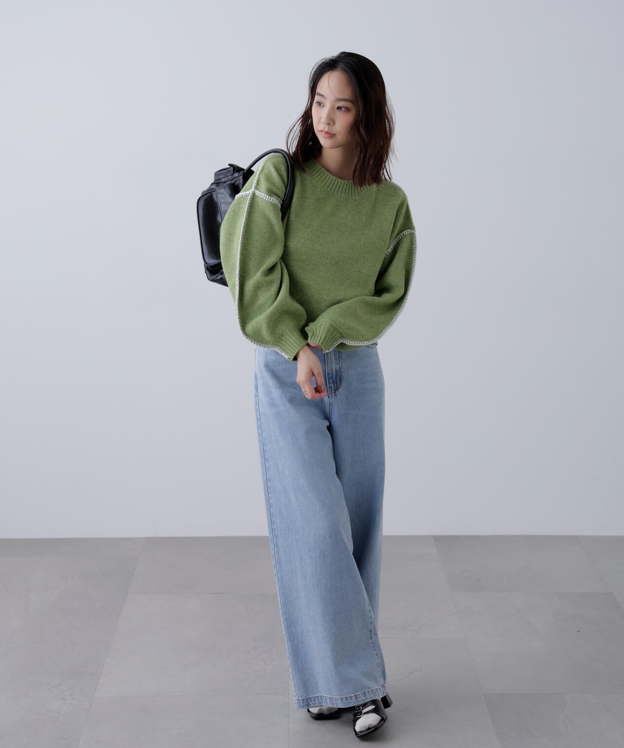 杢ストレッチ総針配色ステッチニット