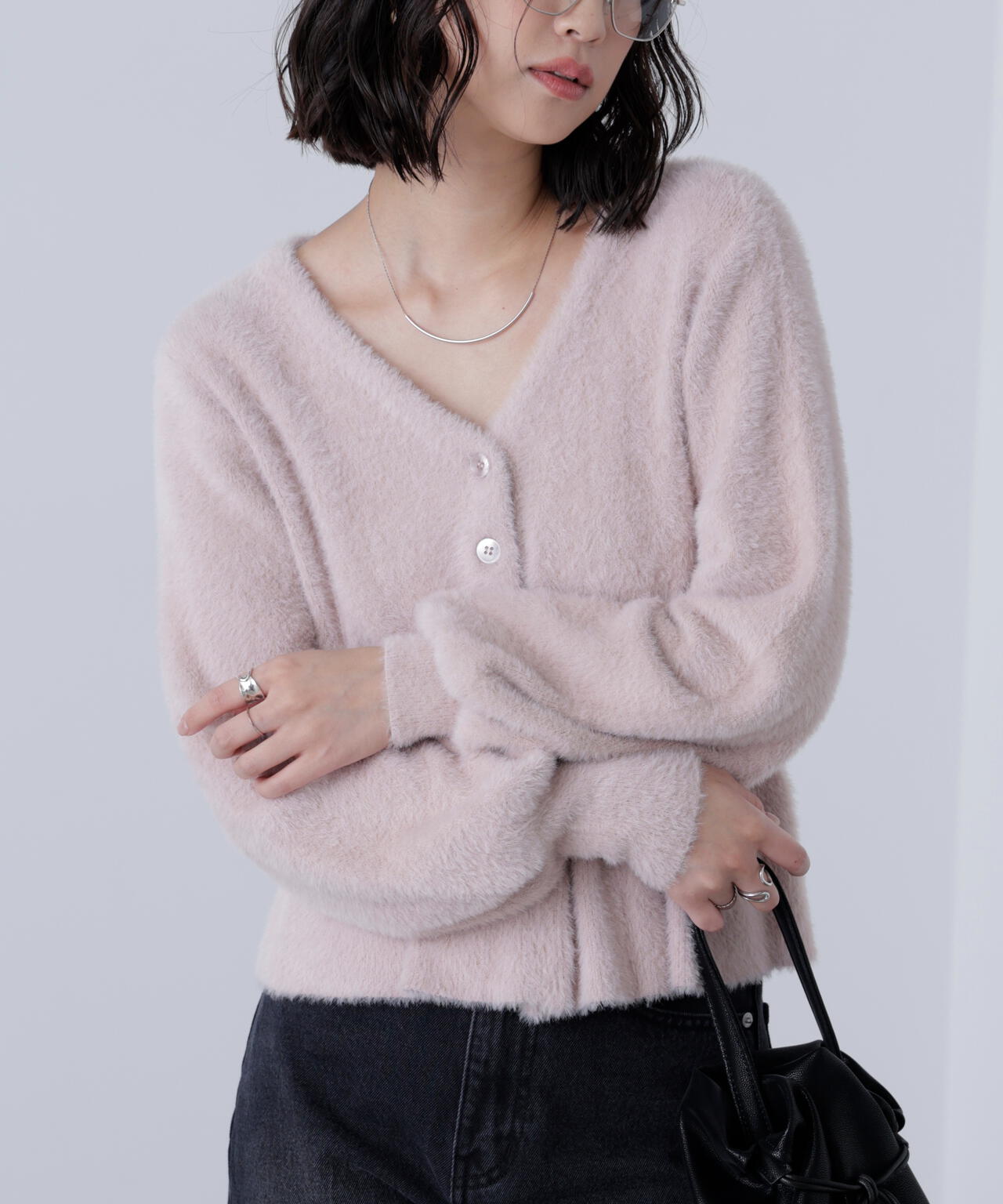 ショートシャギーペプラムニットカーディガン