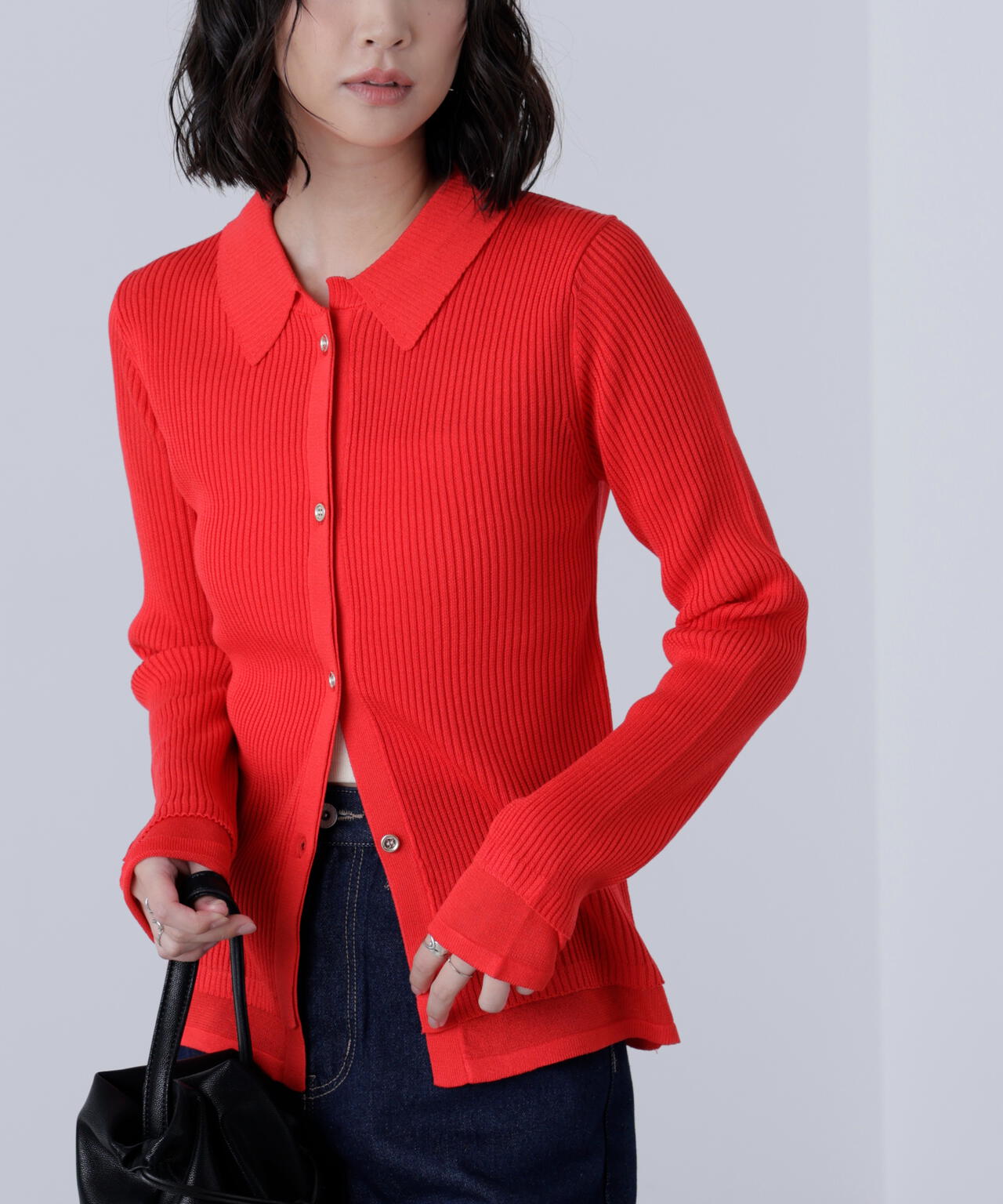 【MFM】金ボタン襟リブニット