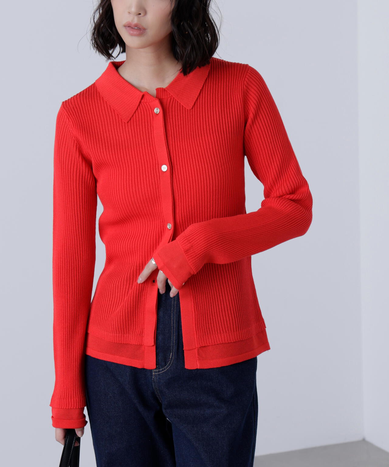 【MFM】金ボタン襟リブニット