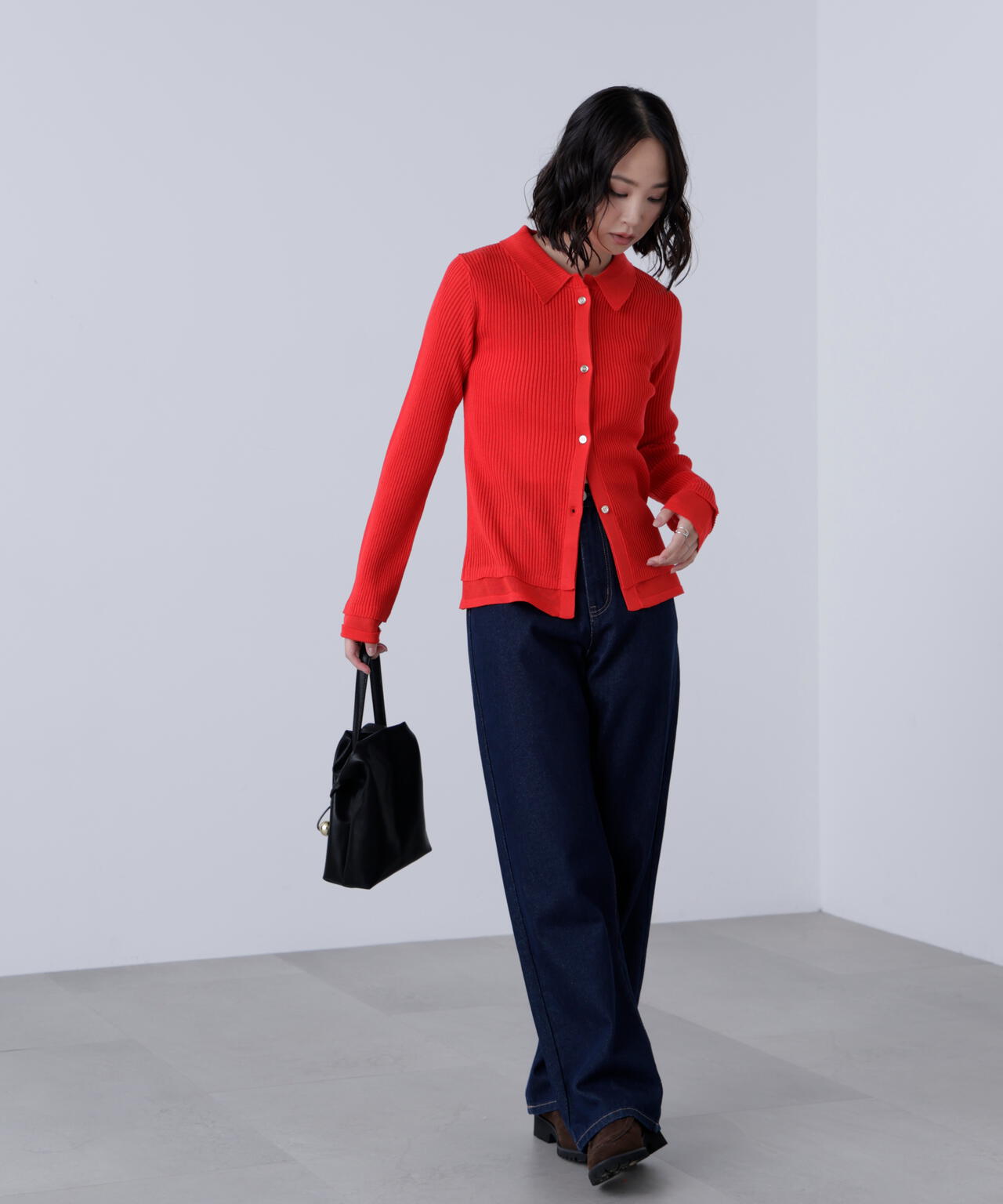 【MFM】金ボタン襟リブニット