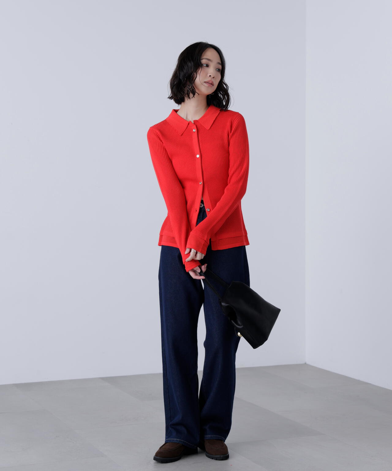 【MFM】金ボタン襟リブニット