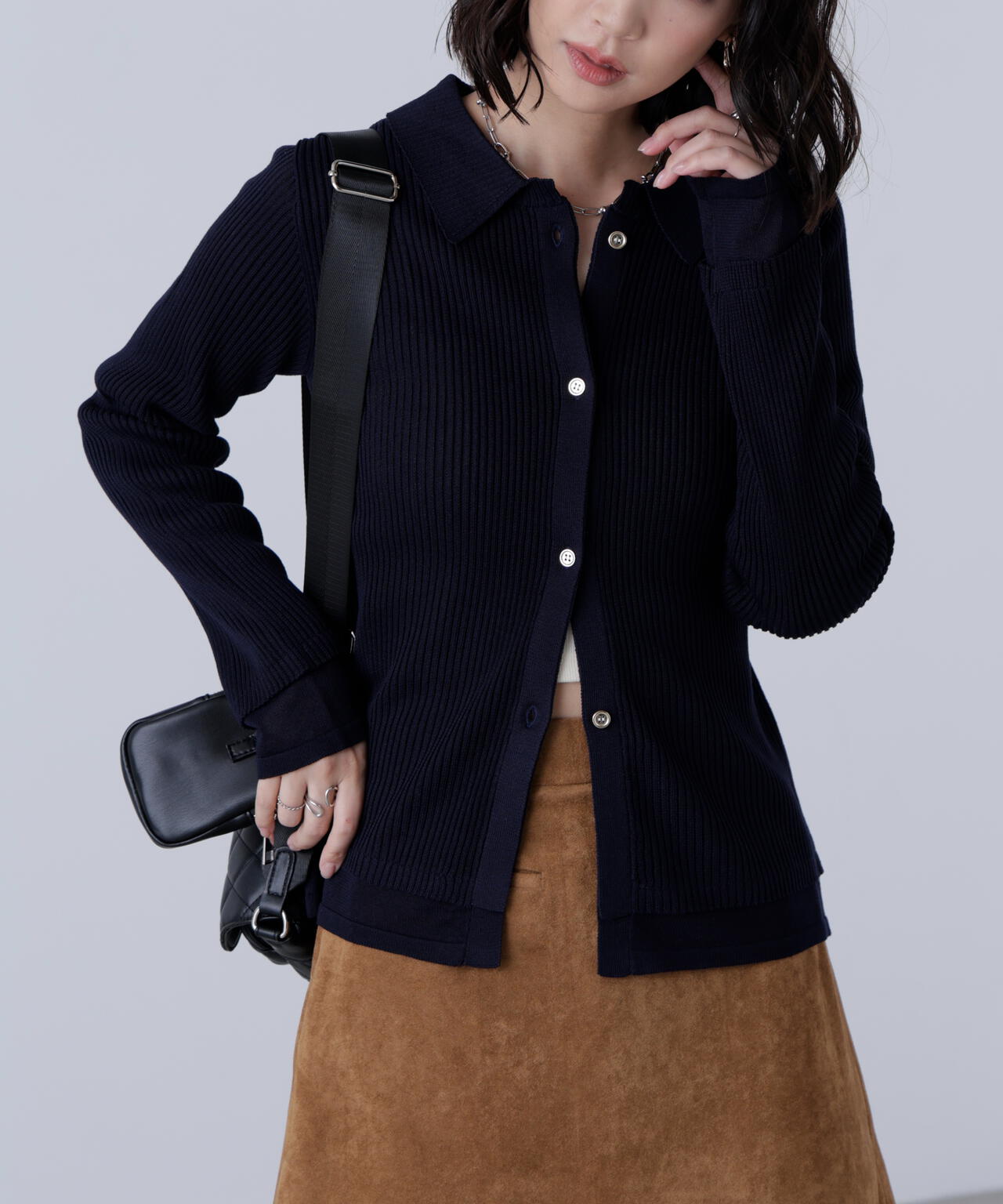 【MFM】金ボタン襟リブニット