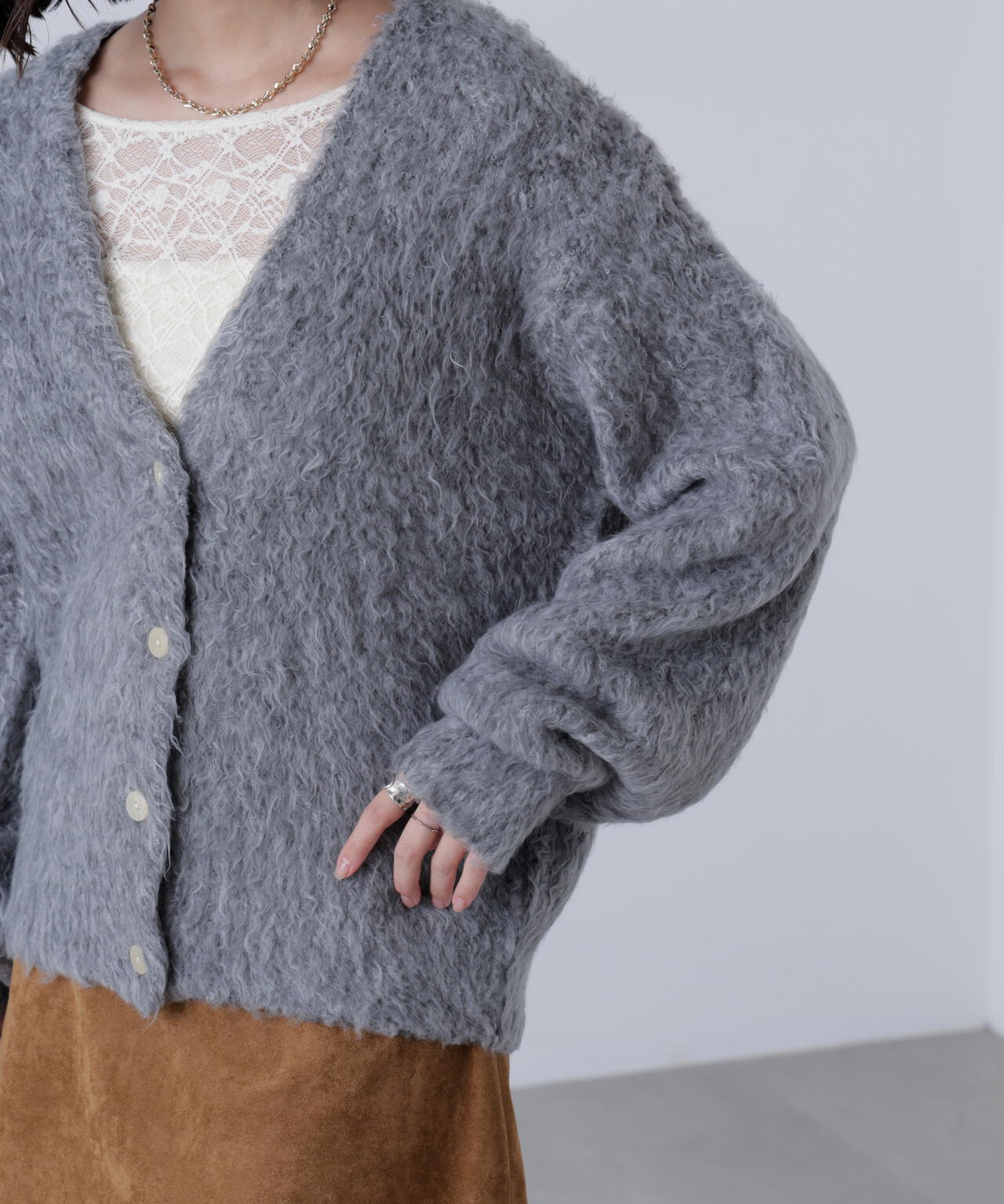 ウェーブ起毛Vネックカーディガン