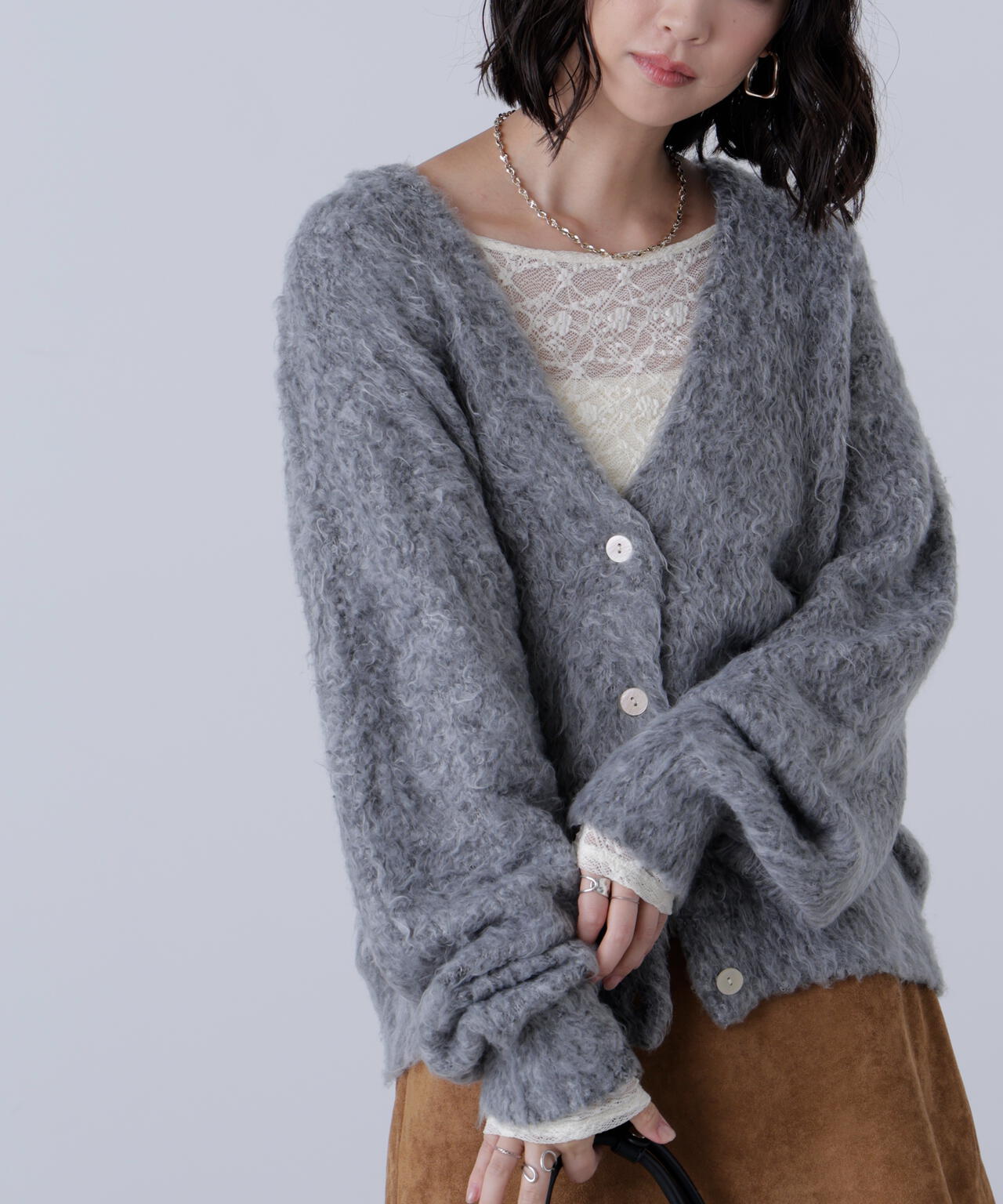 ウェーブ起毛Vネックカーディガン