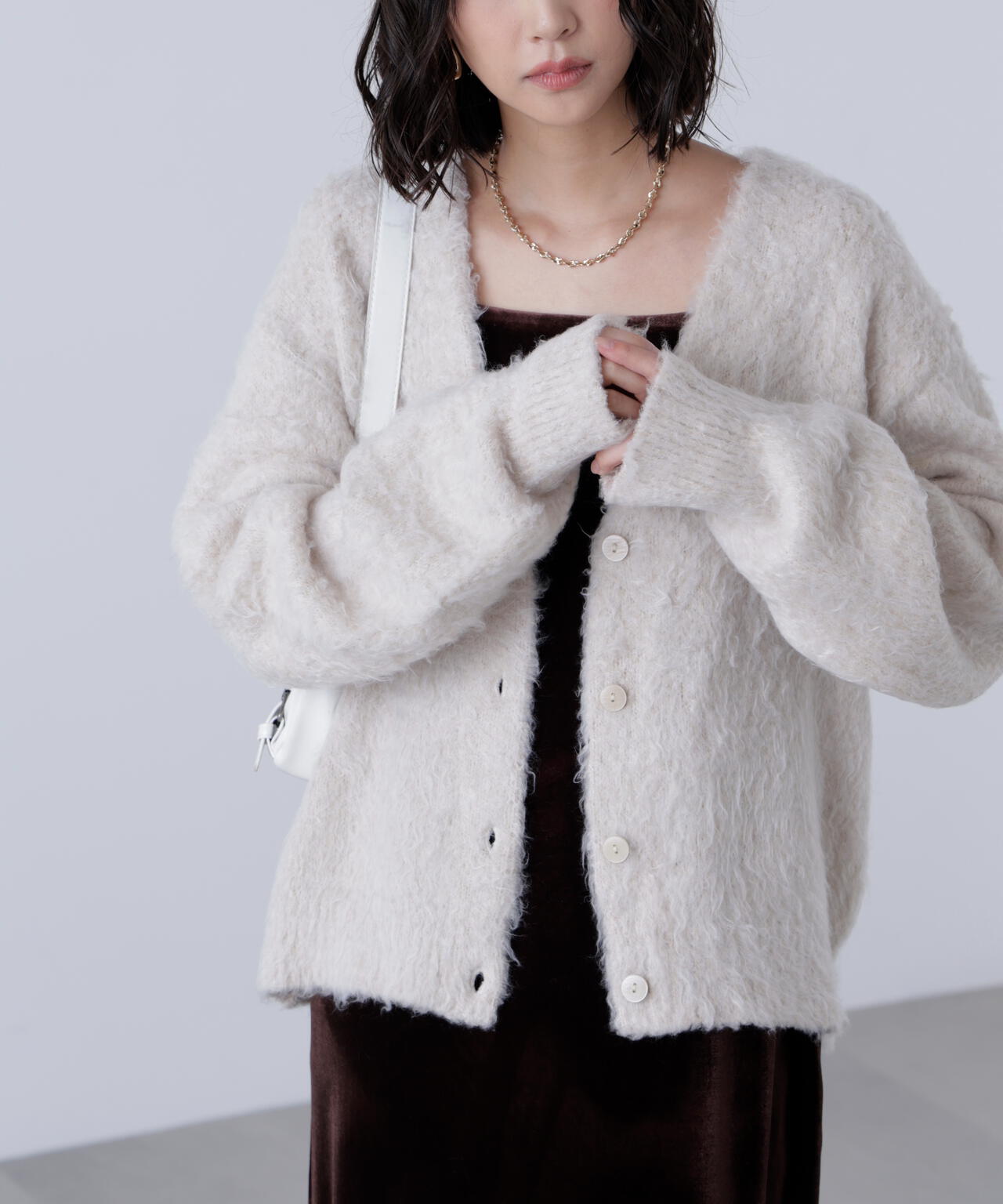 ウェーブ起毛Vネックカーディガン