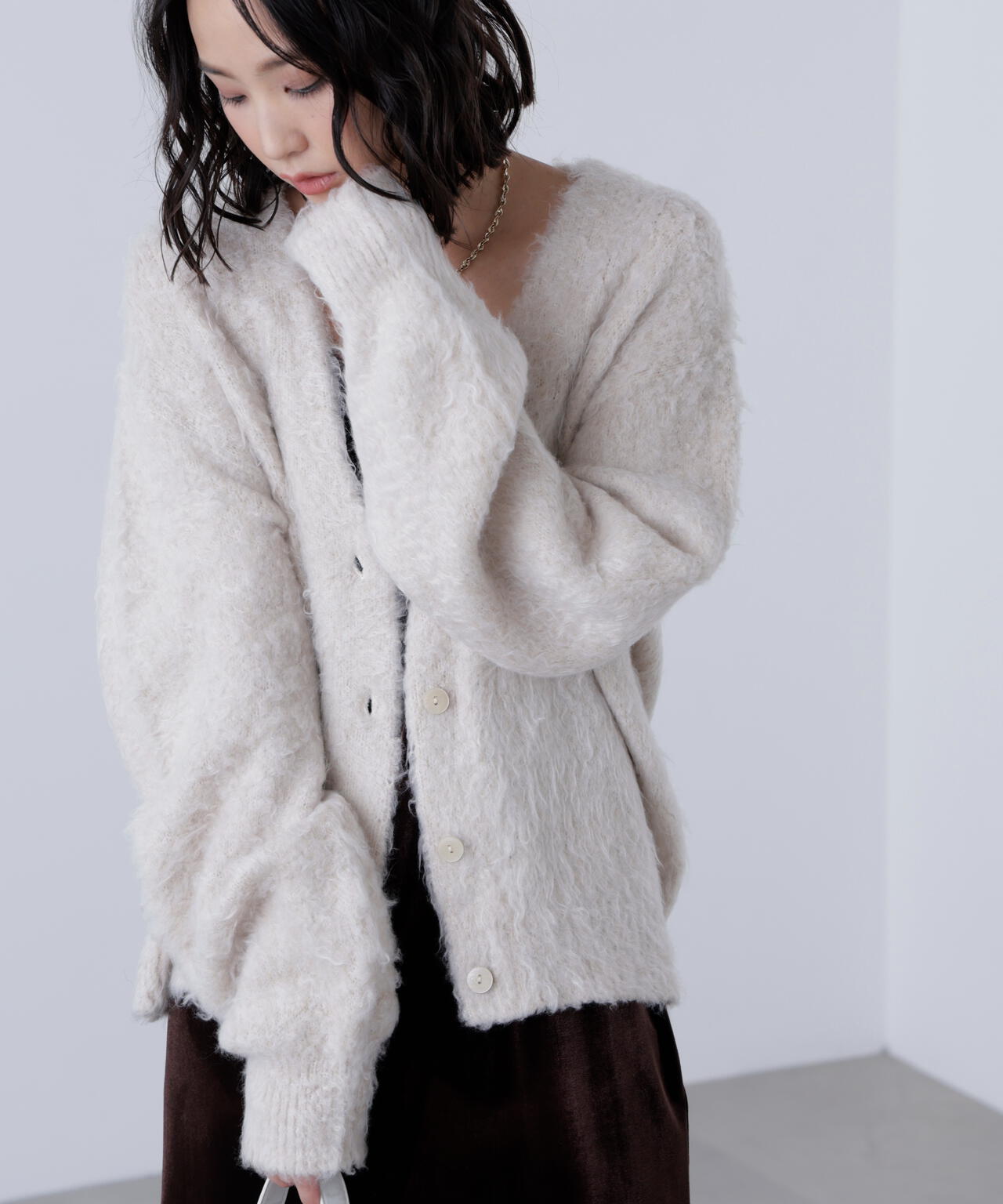 ウェーブ起毛Vネックカーディガン