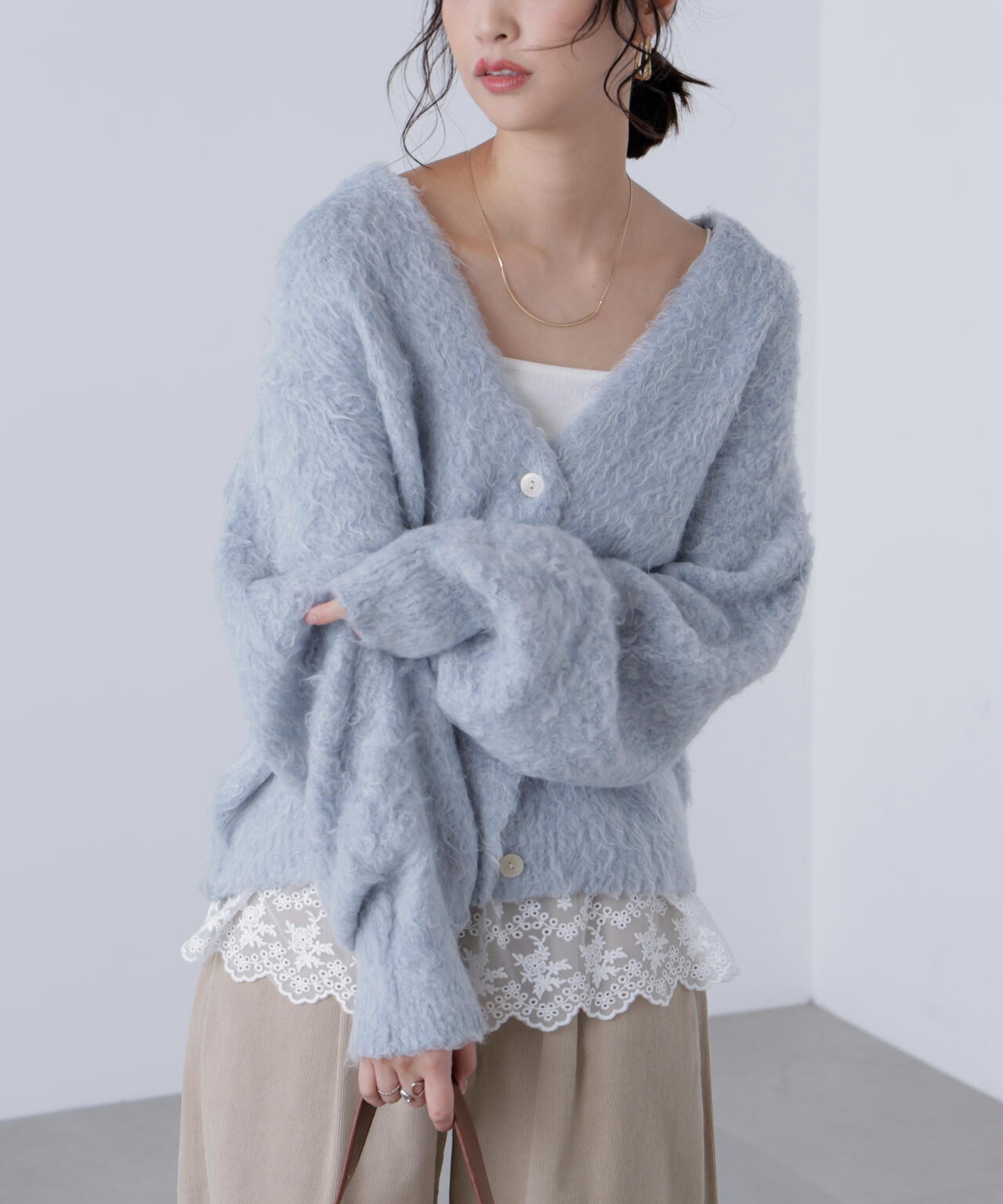 ウェーブ起毛Vネックカーディガン