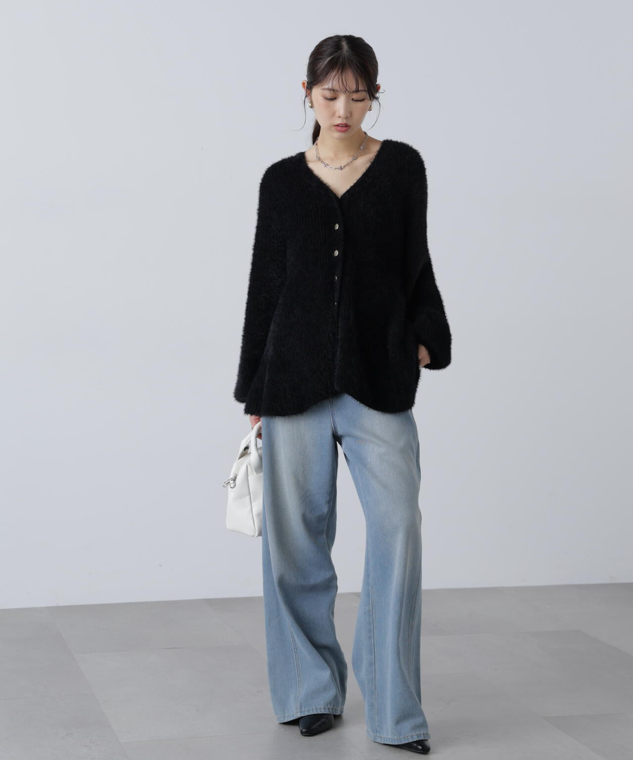 【MFM】ヘアリーペプラム金ボタンニットカーディガン