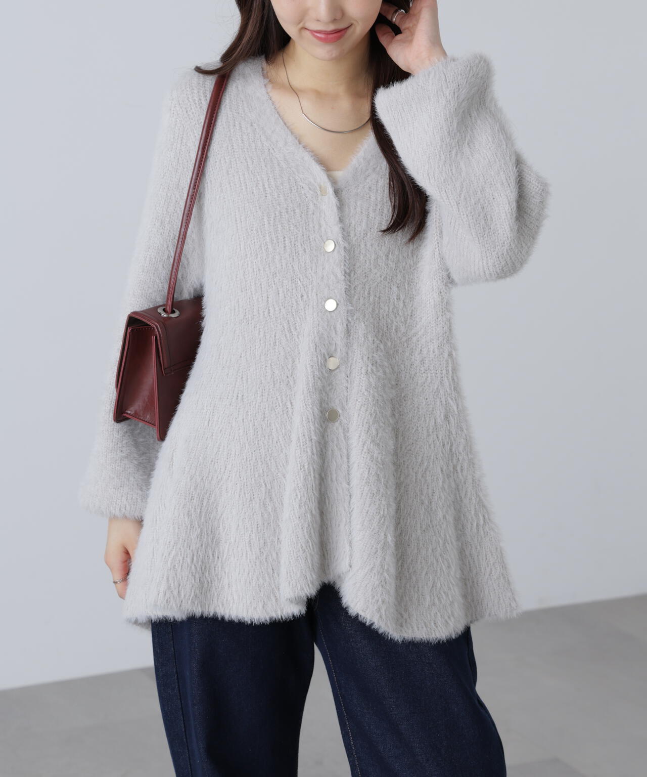 【MFM】ヘアリーペプラム金ボタンニットカーディガン