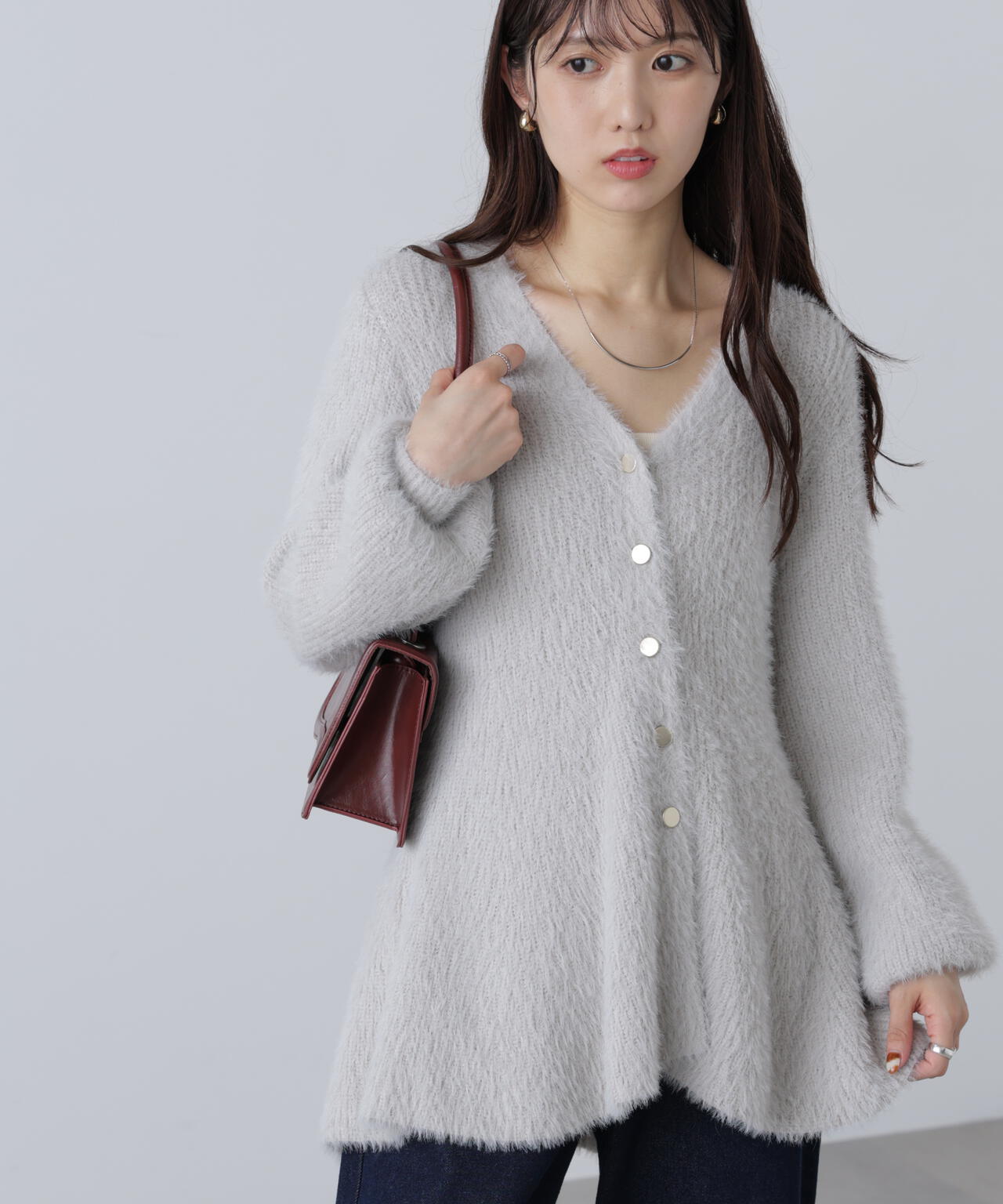 【MFM】ヘアリーペプラム金ボタンニットカーディガン