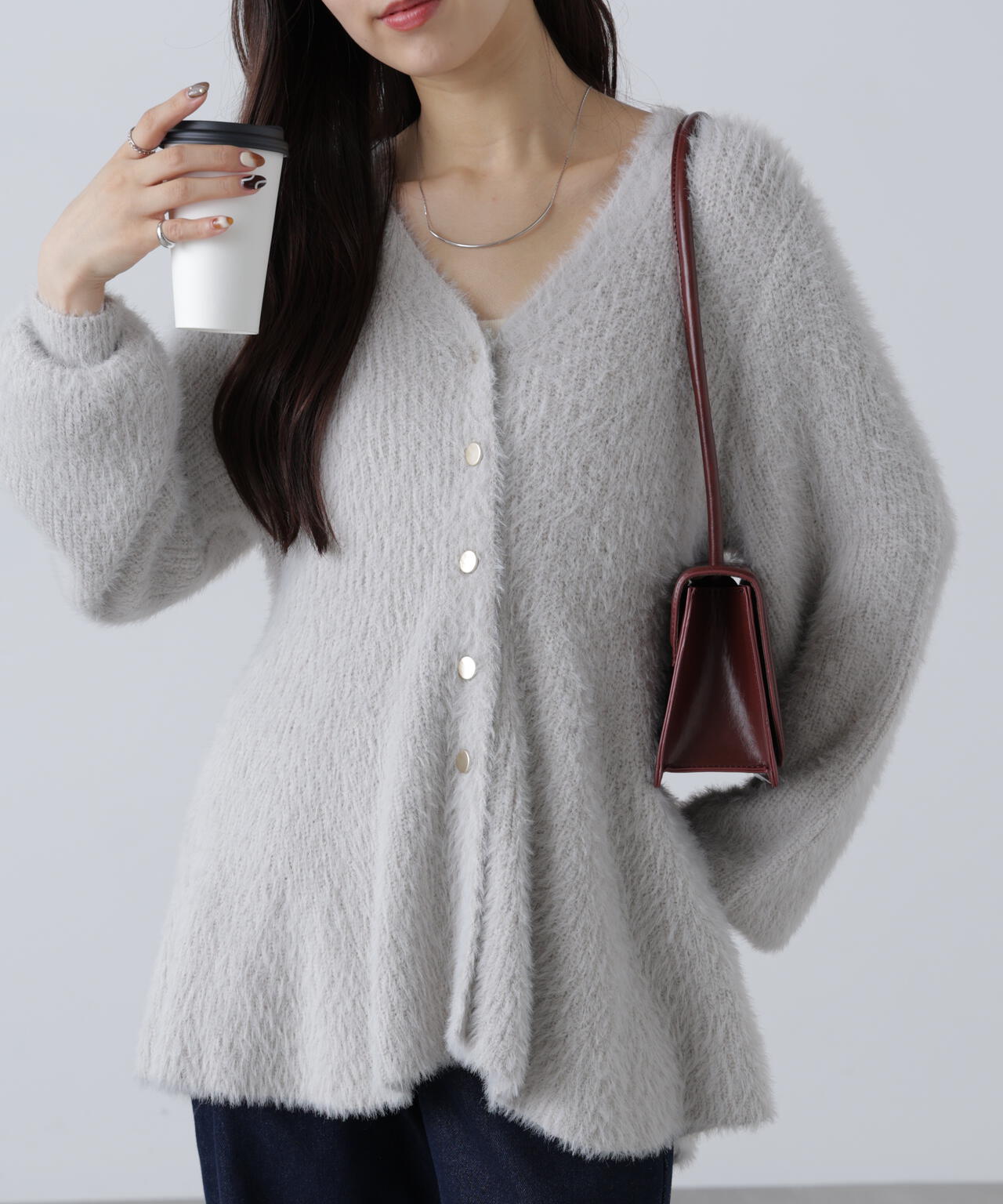 【MFM】ヘアリーペプラム金ボタンニットカーディガン