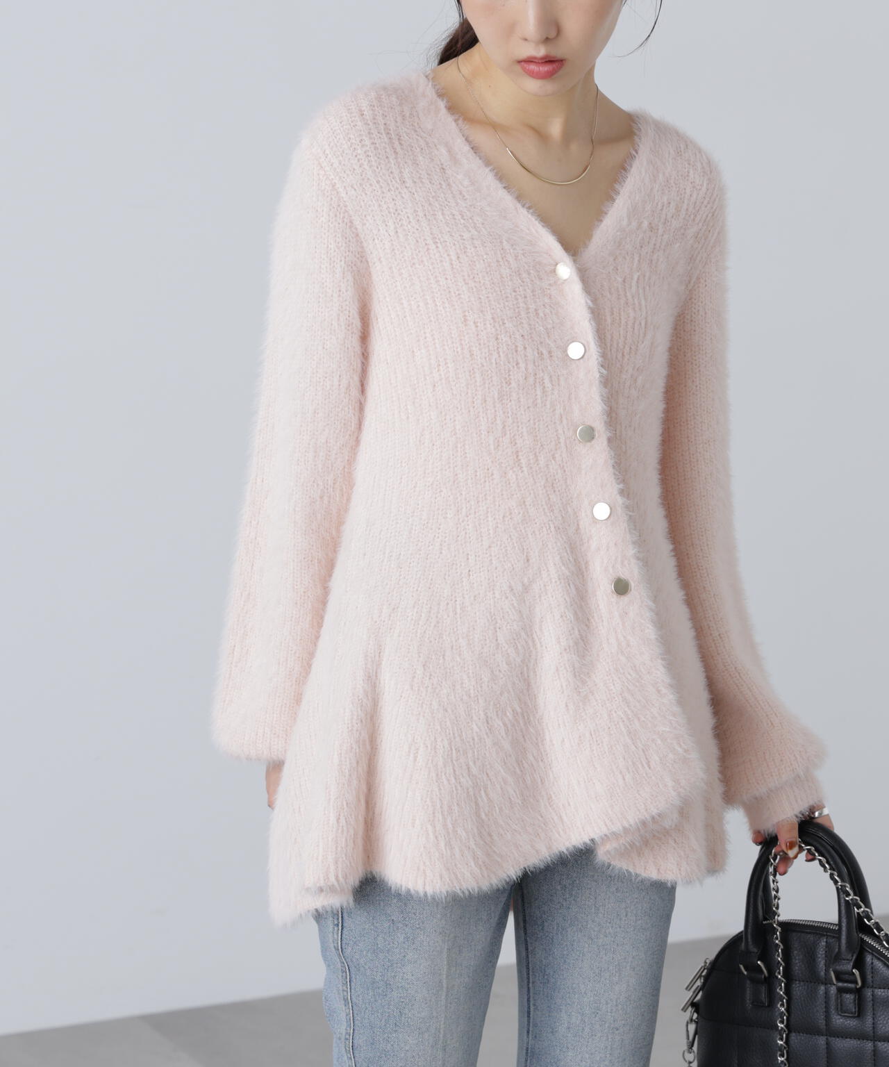 【MFM】ヘアリーペプラム金ボタンニットカーディガン