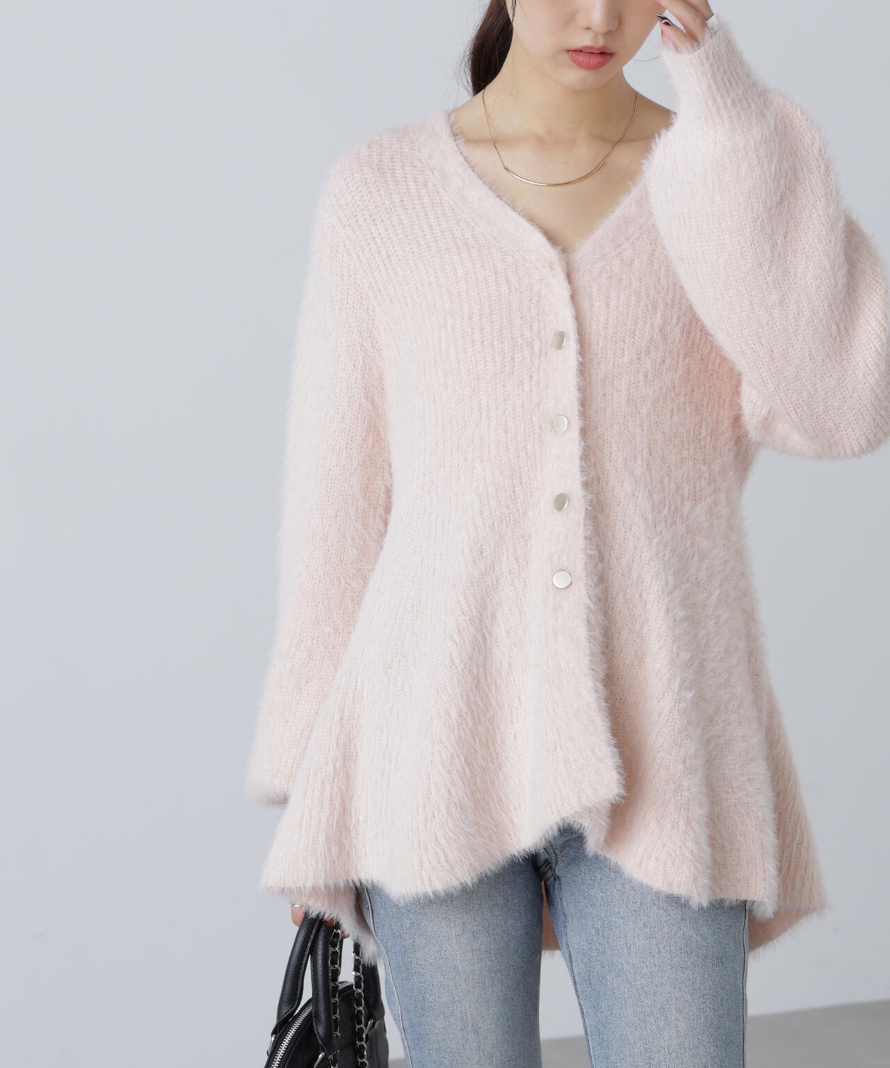 【MFM】ヘアリーペプラム金ボタンニットカーディガン