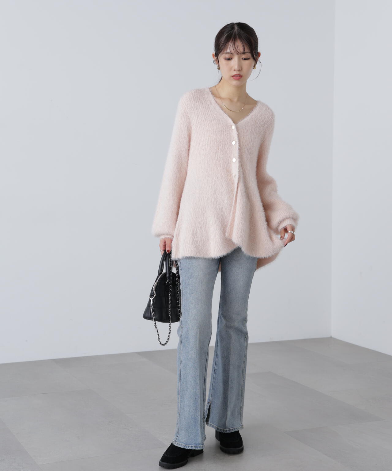 【MFM】ヘアリーペプラム金ボタンニットカーディガン