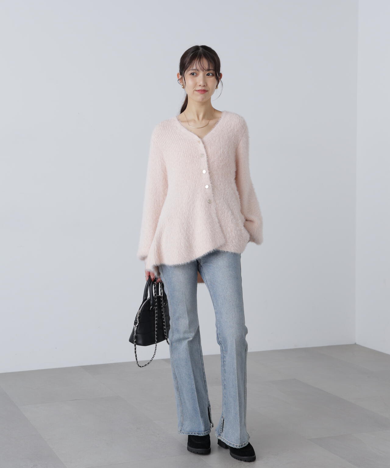 【MFM】ヘアリーペプラム金ボタンニットカーディガン