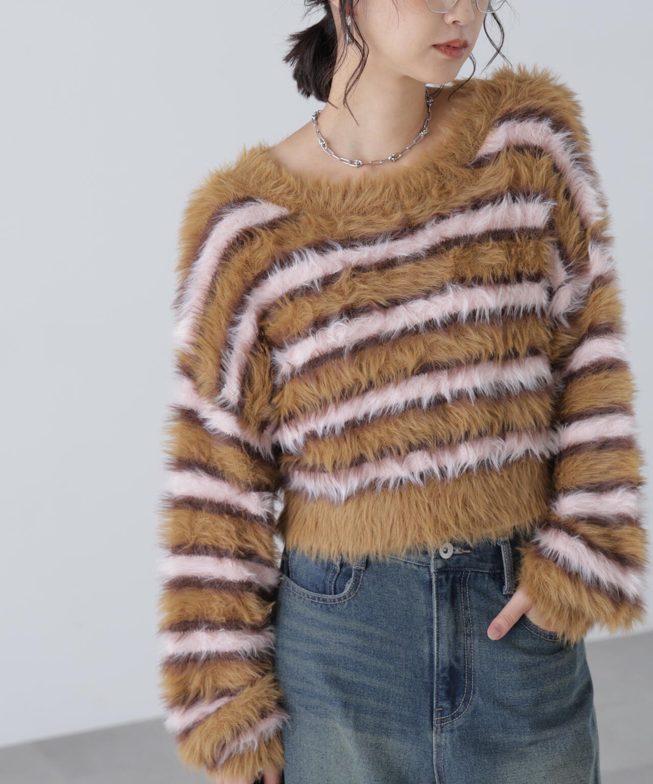 シャギーボーダークロップドニット