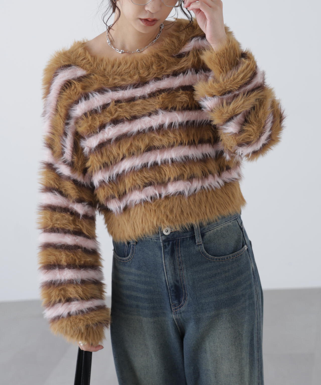 シャギーボーダークロップドニット