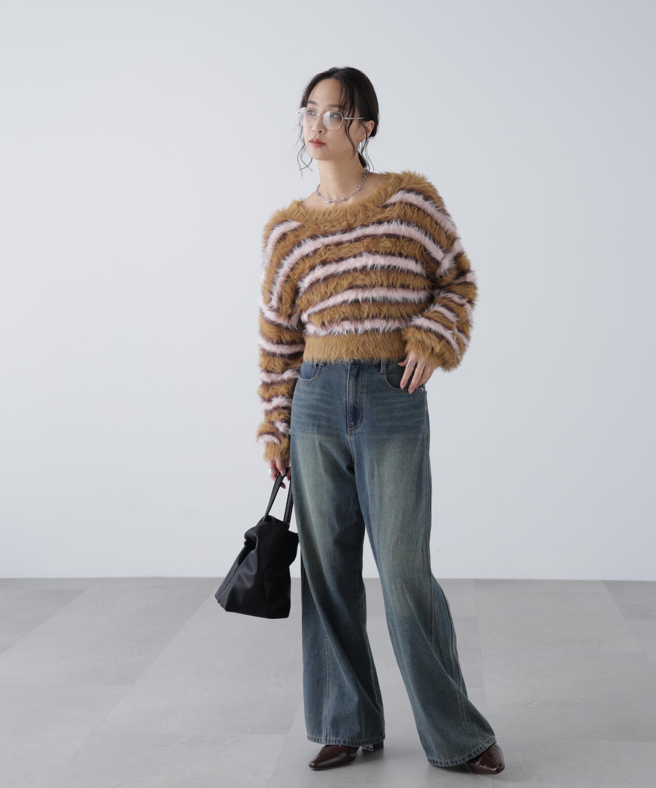 シャギーボーダークロップドニット