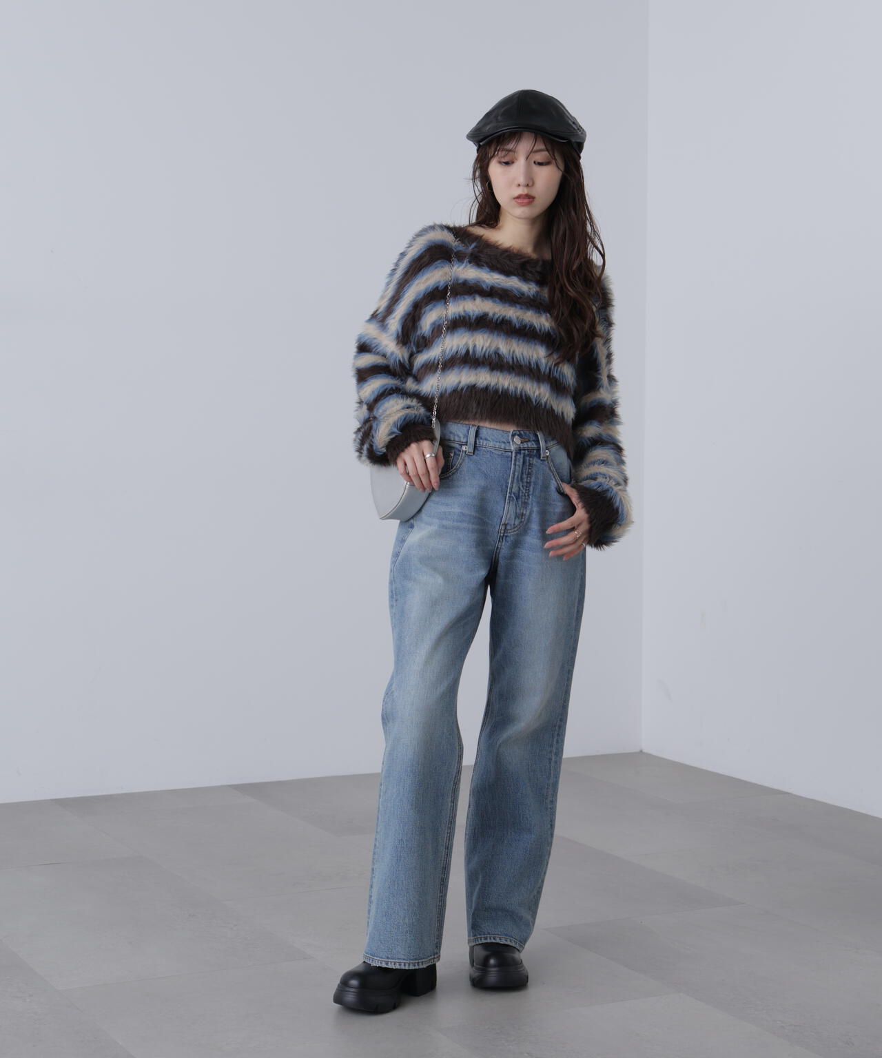 シャギーボーダークロップドニット