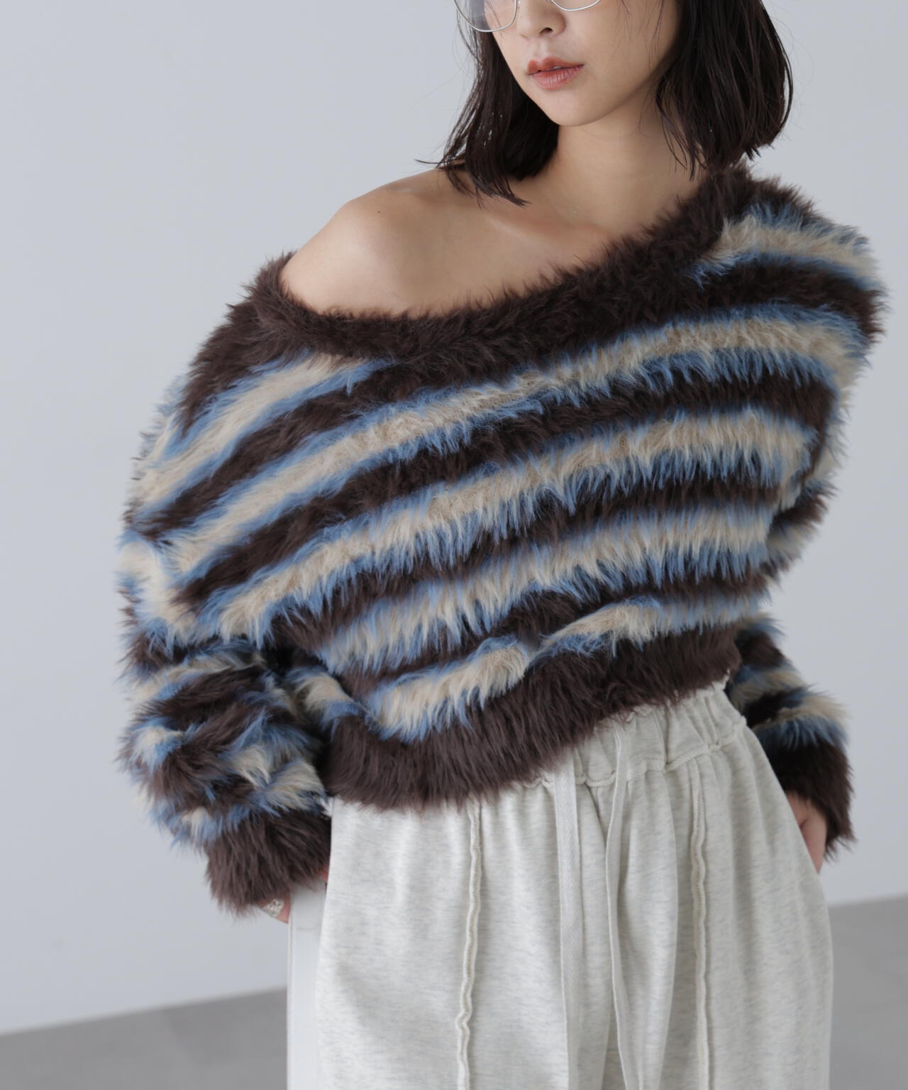 シャギーボーダークロップドニット